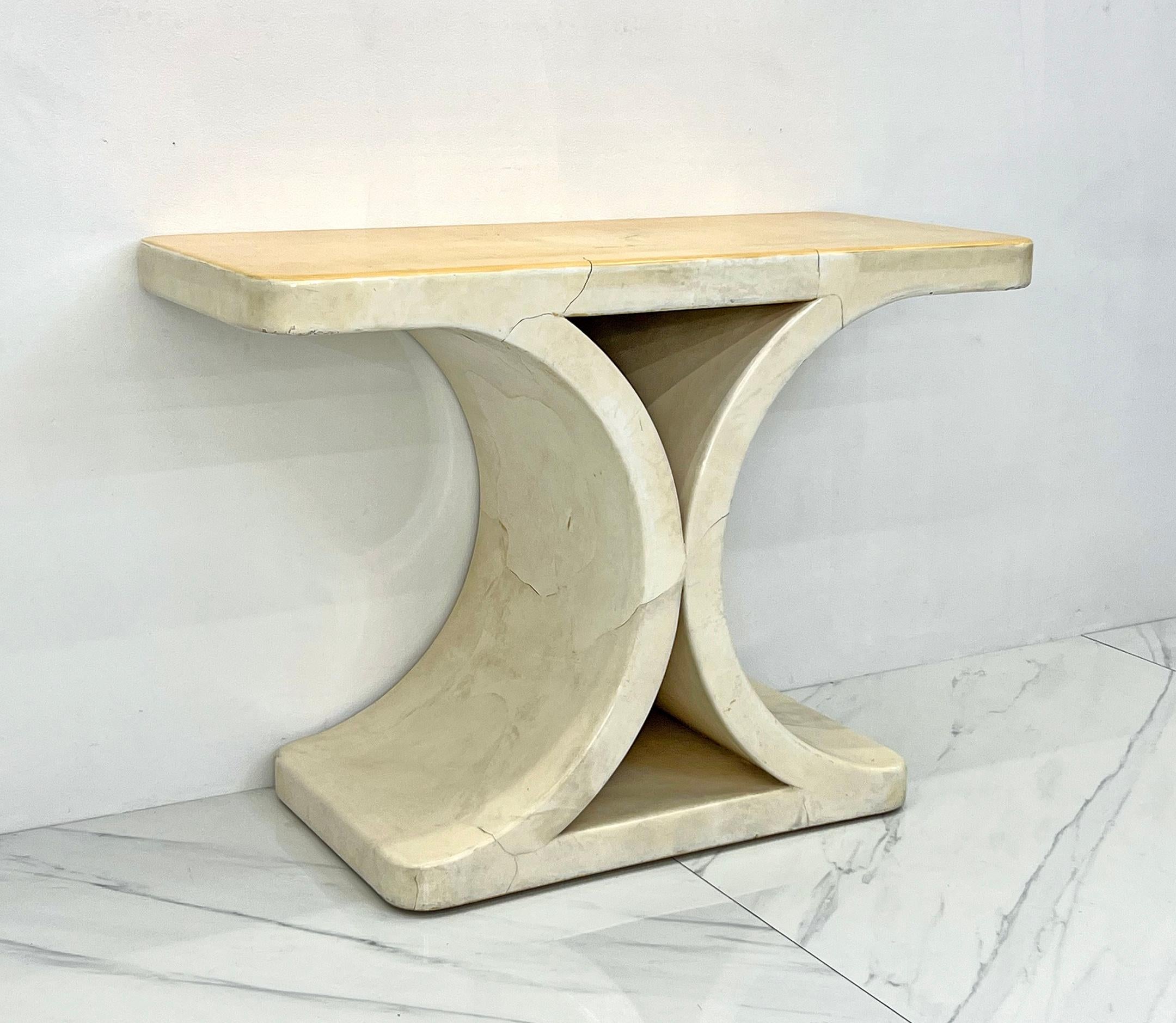 Late 20th Century Patinated Karl Springer JMF Goatskin Console Table, Signed, 1970's For Sale