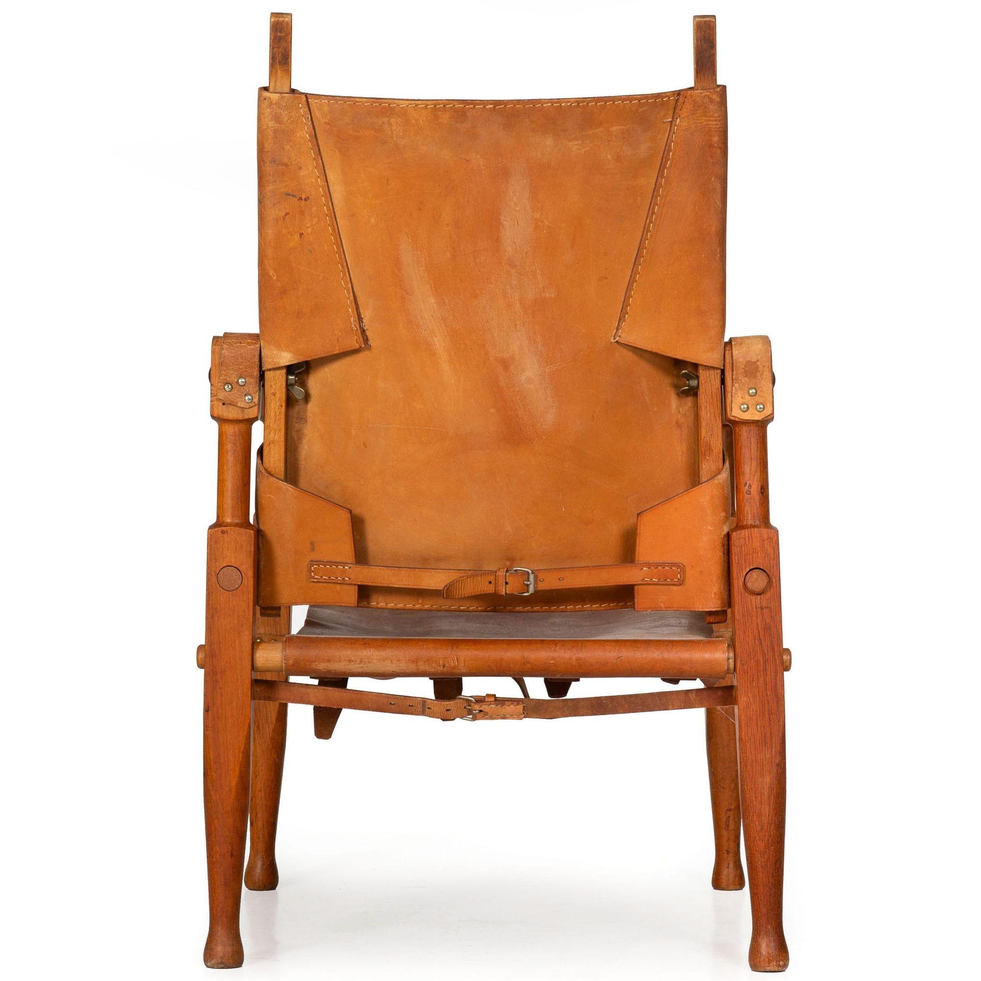 Mid-Century Modern Patinated Leather and Oak “Safari” Chair by Wilhelm Kienzle ca. 1950