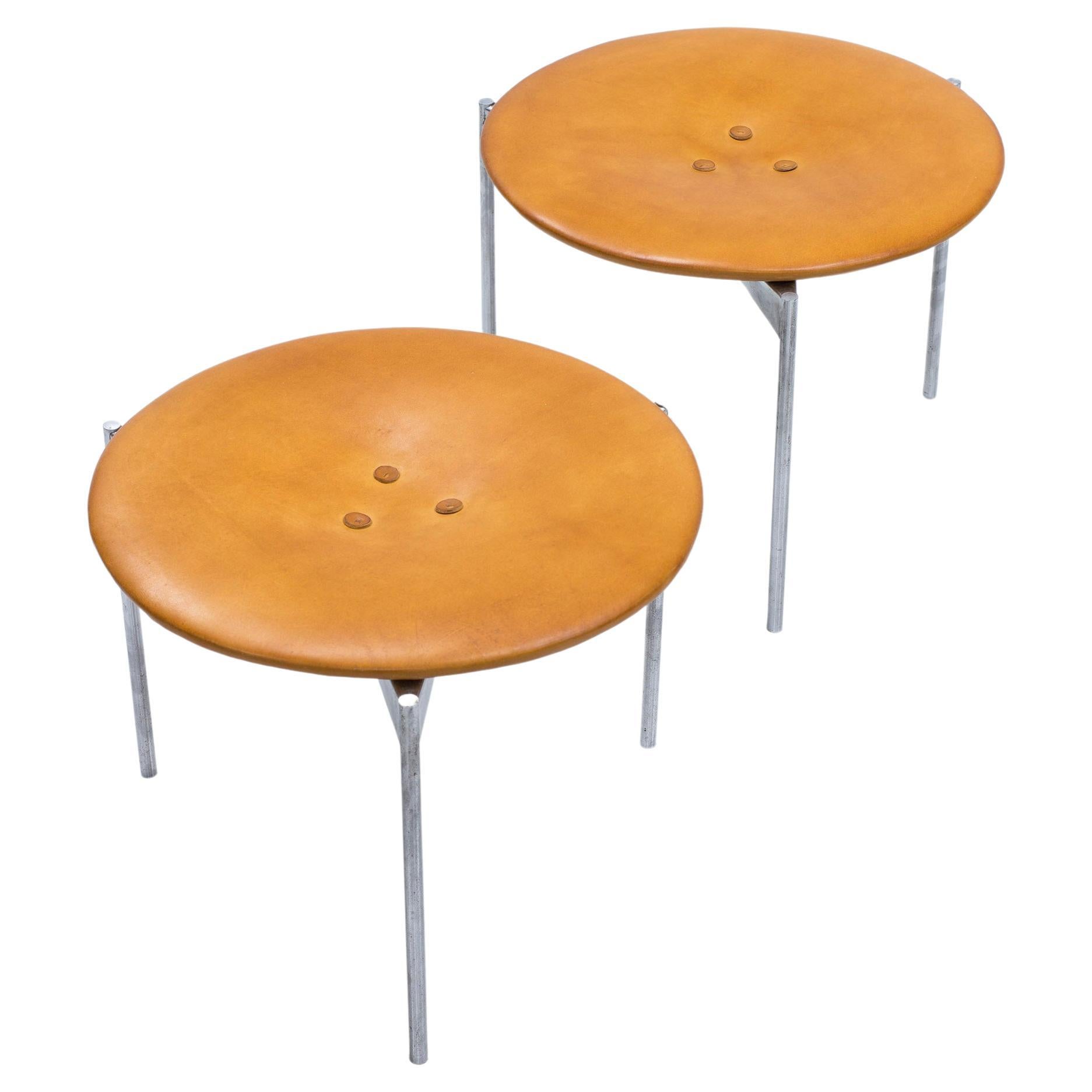 Patinated leather and Steel Stools by Uno & Östen Kristiansson, Sweden, 1960s For Sale
