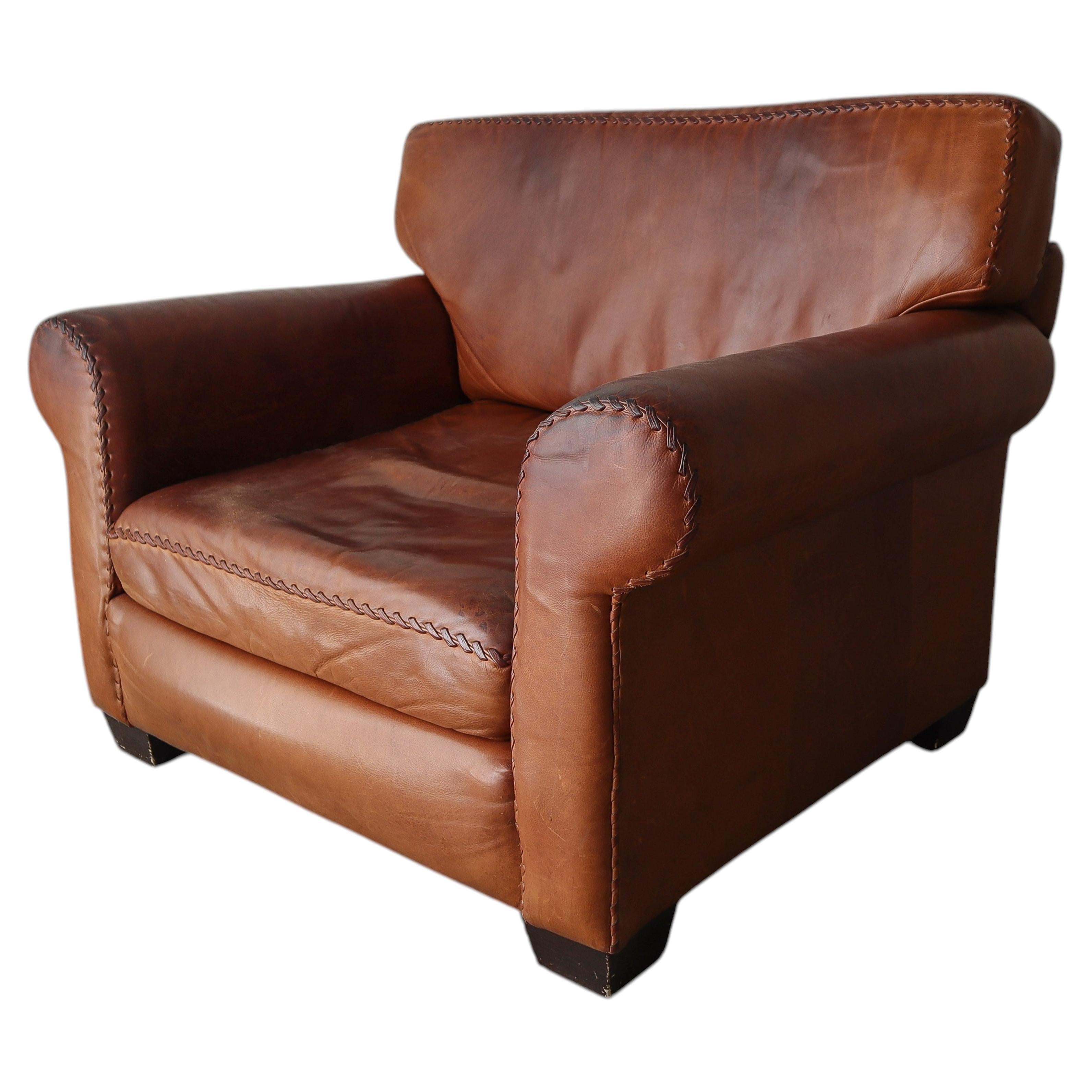 Patinated Leather Baseball Stich Club Chair and Ottoman