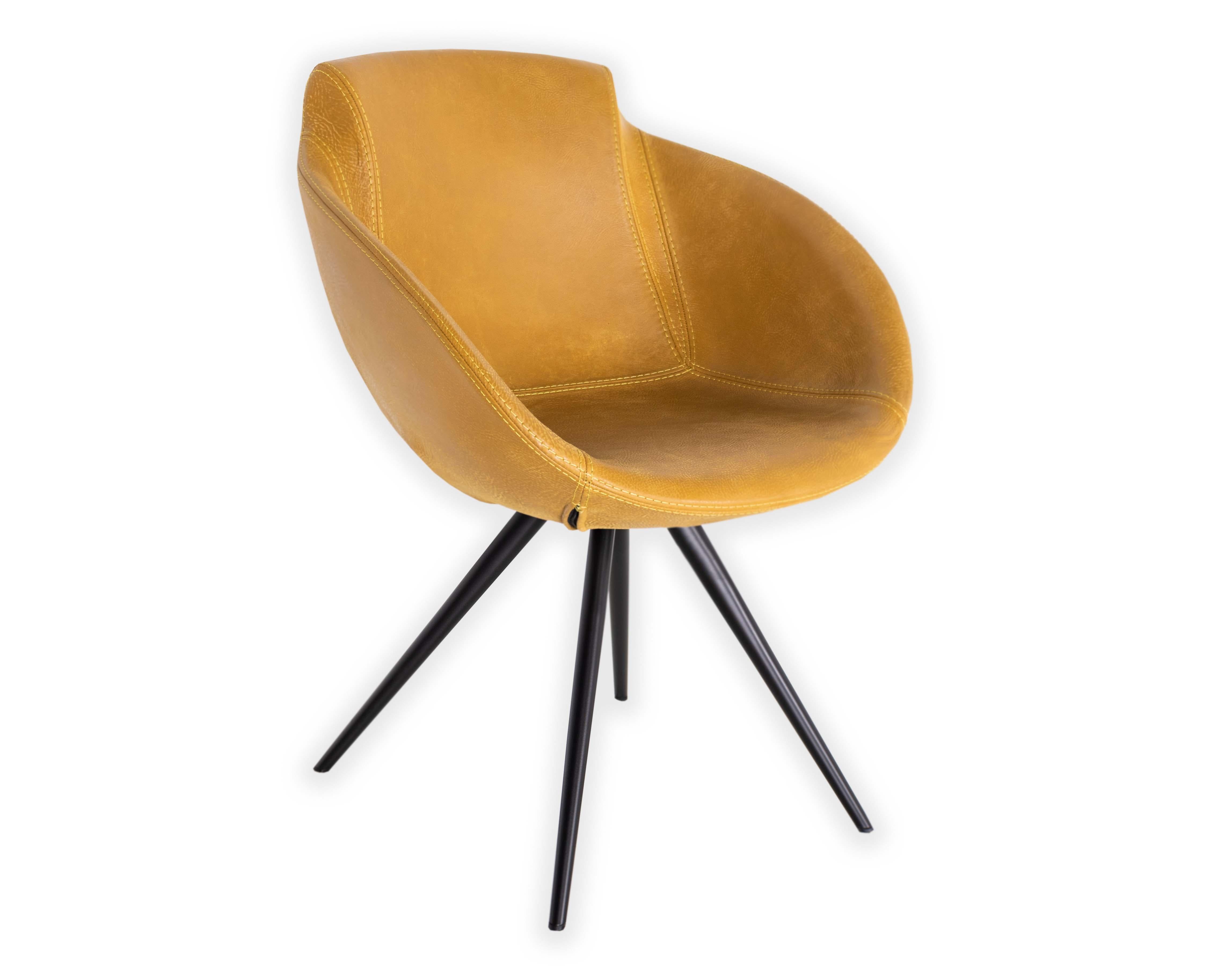 Modern Patinated Leather Club Dining Chair, Mustard