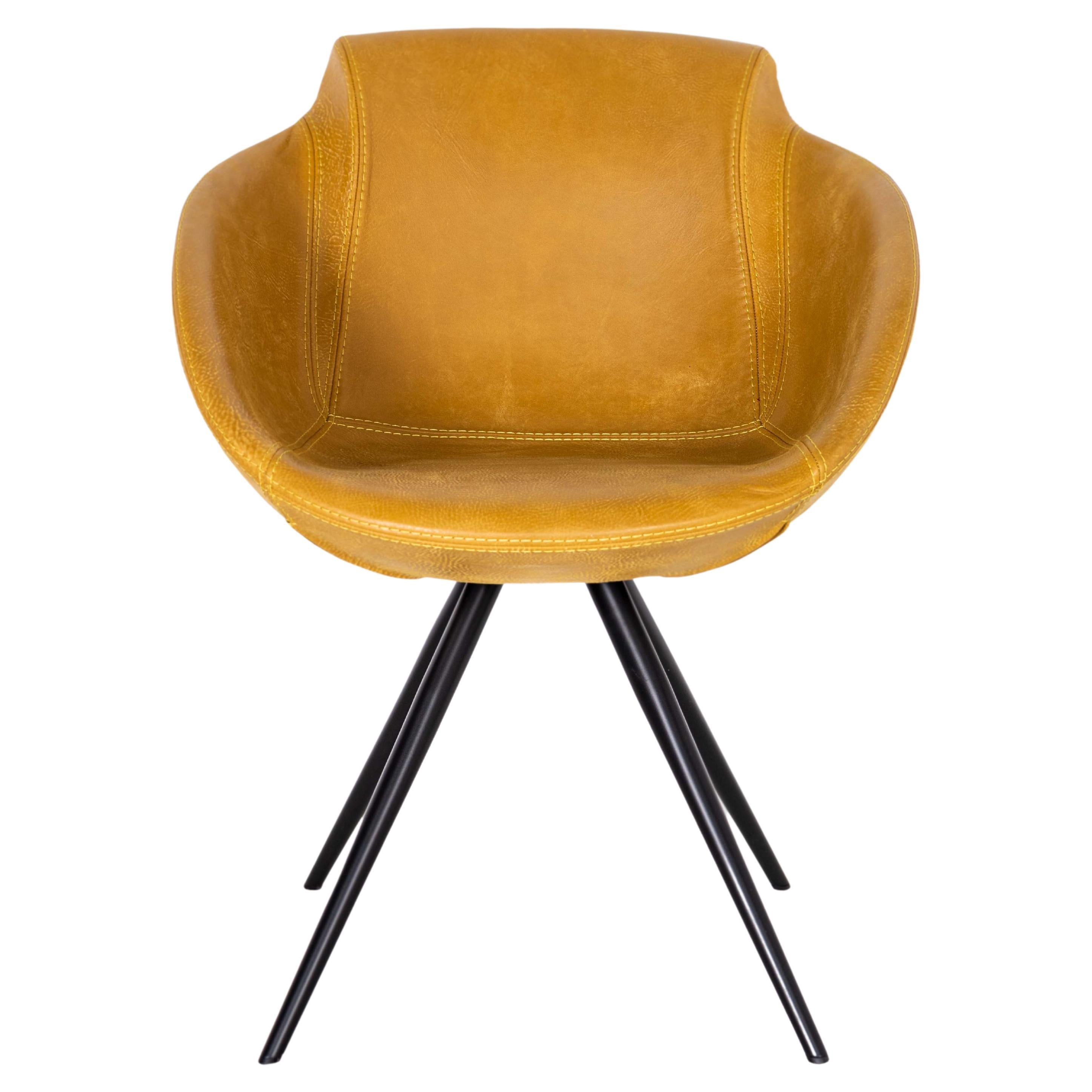 Patinated Leather Club Dining Chair, Mustard For Sale