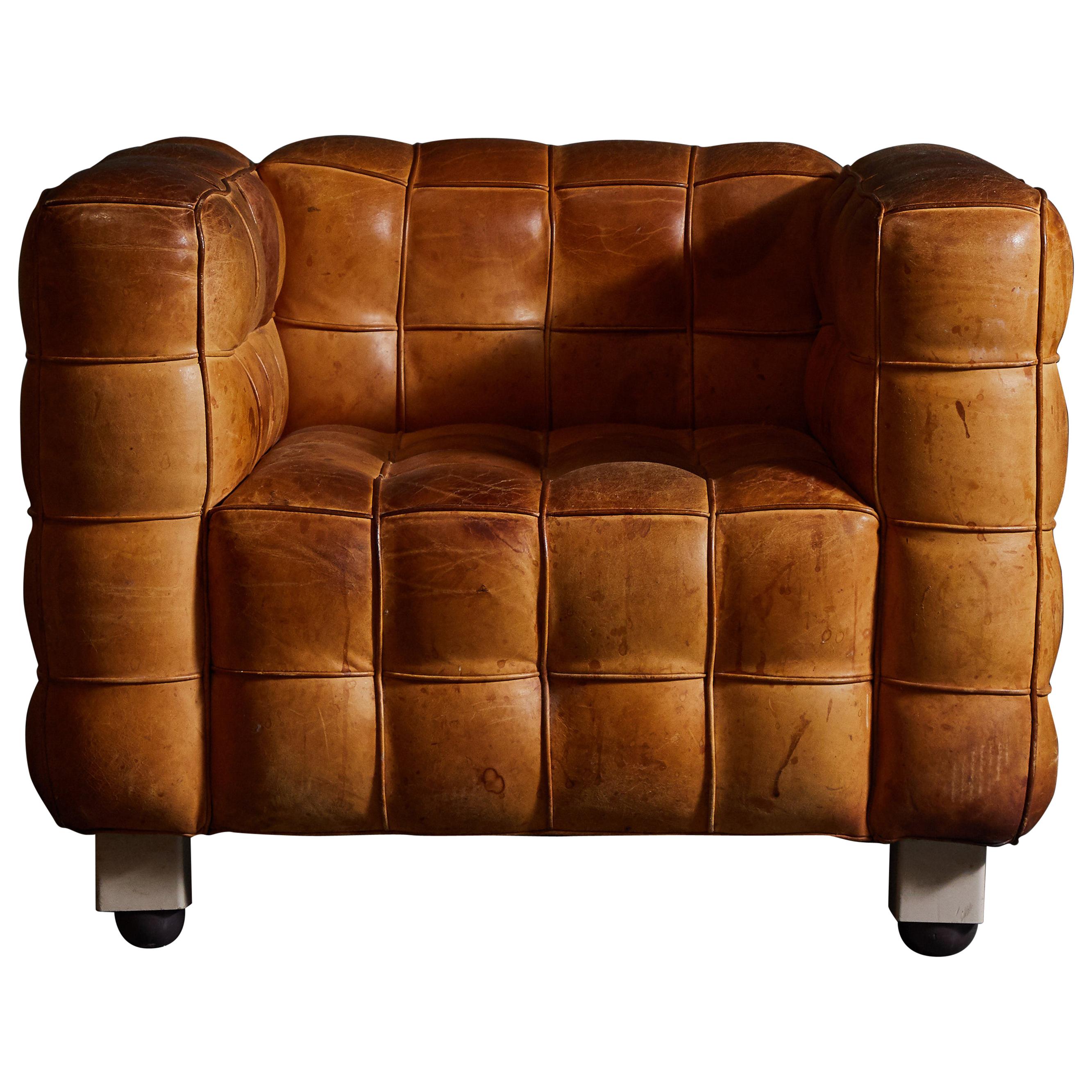 Patinated Leather "Kubus" Club Chair by Josef Hoffman for Wittman