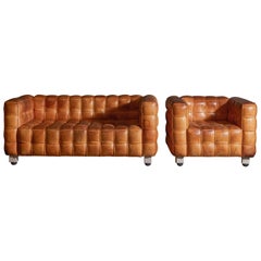 Patinated Leather "Kubus" Sofa and Club Chair by Josef Hoffman for Wittman