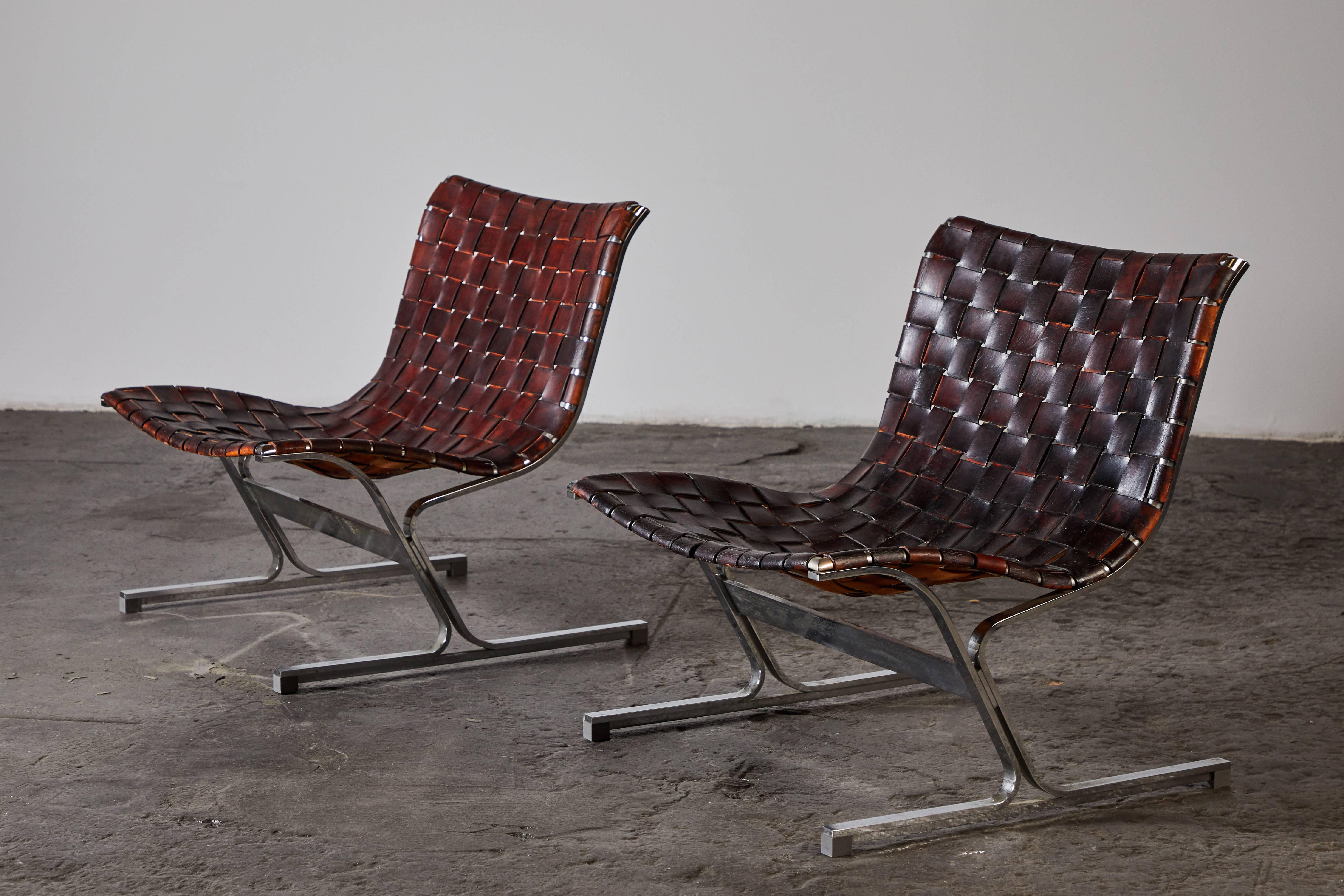 PLR1 woven leather and chrome-plated steel lounge chairs by Ross Littell for ICF, Milano. Made in Italy, circa 1960s.