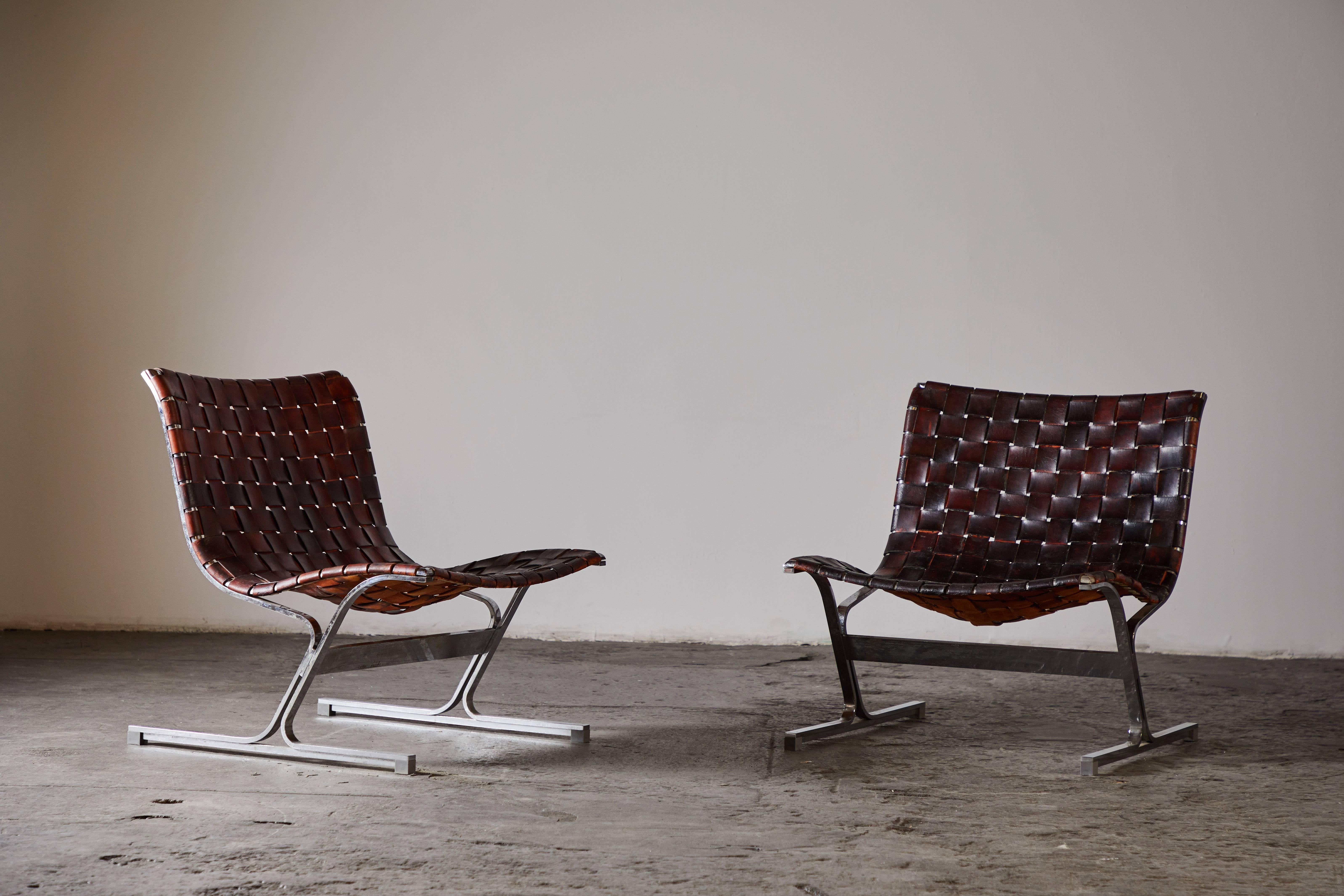 Italian Patinated Leather Lounge Chairs by Ross Littell
