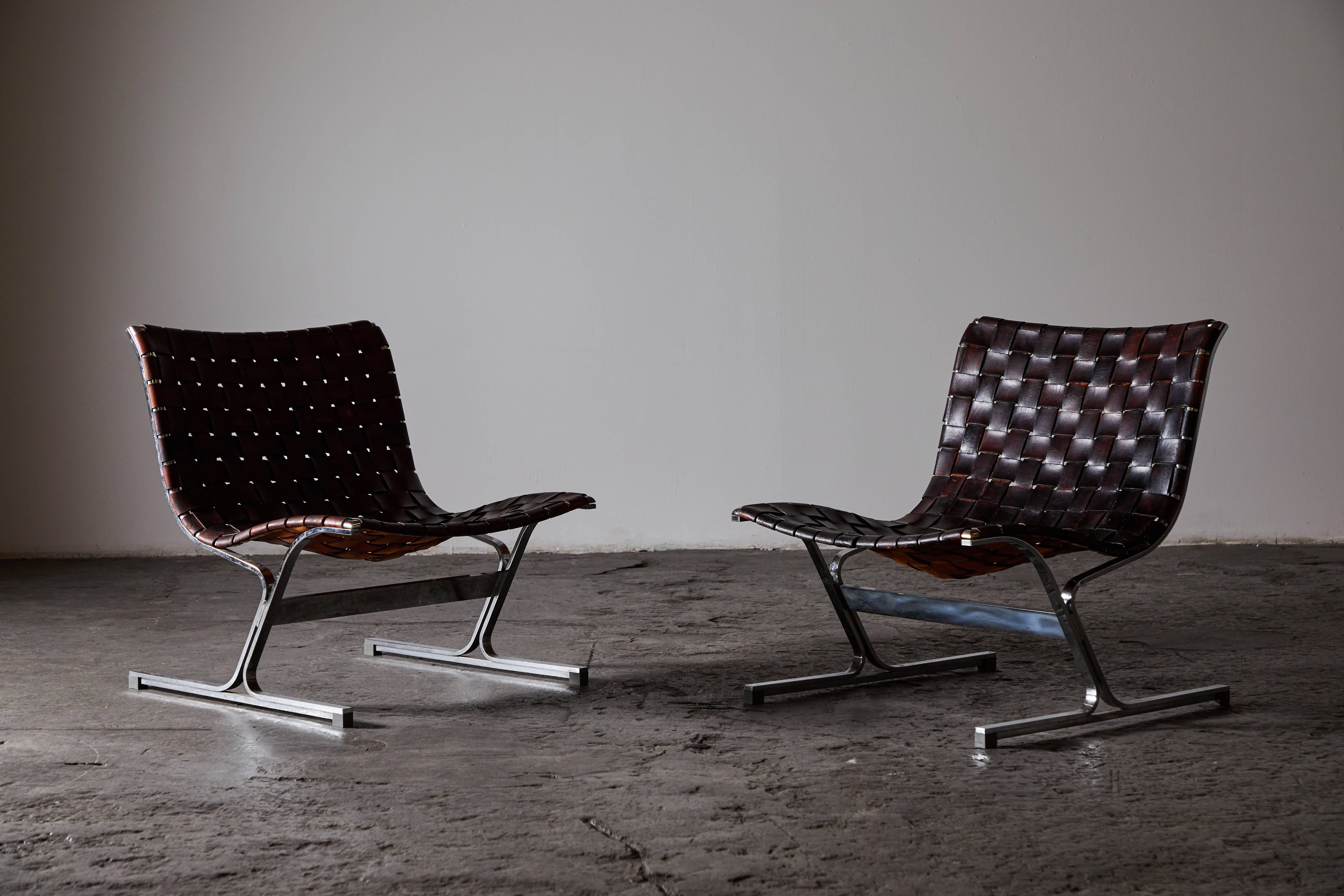 Patinated Leather Lounge Chairs by Ross Littell In Excellent Condition In Los Angeles, CA