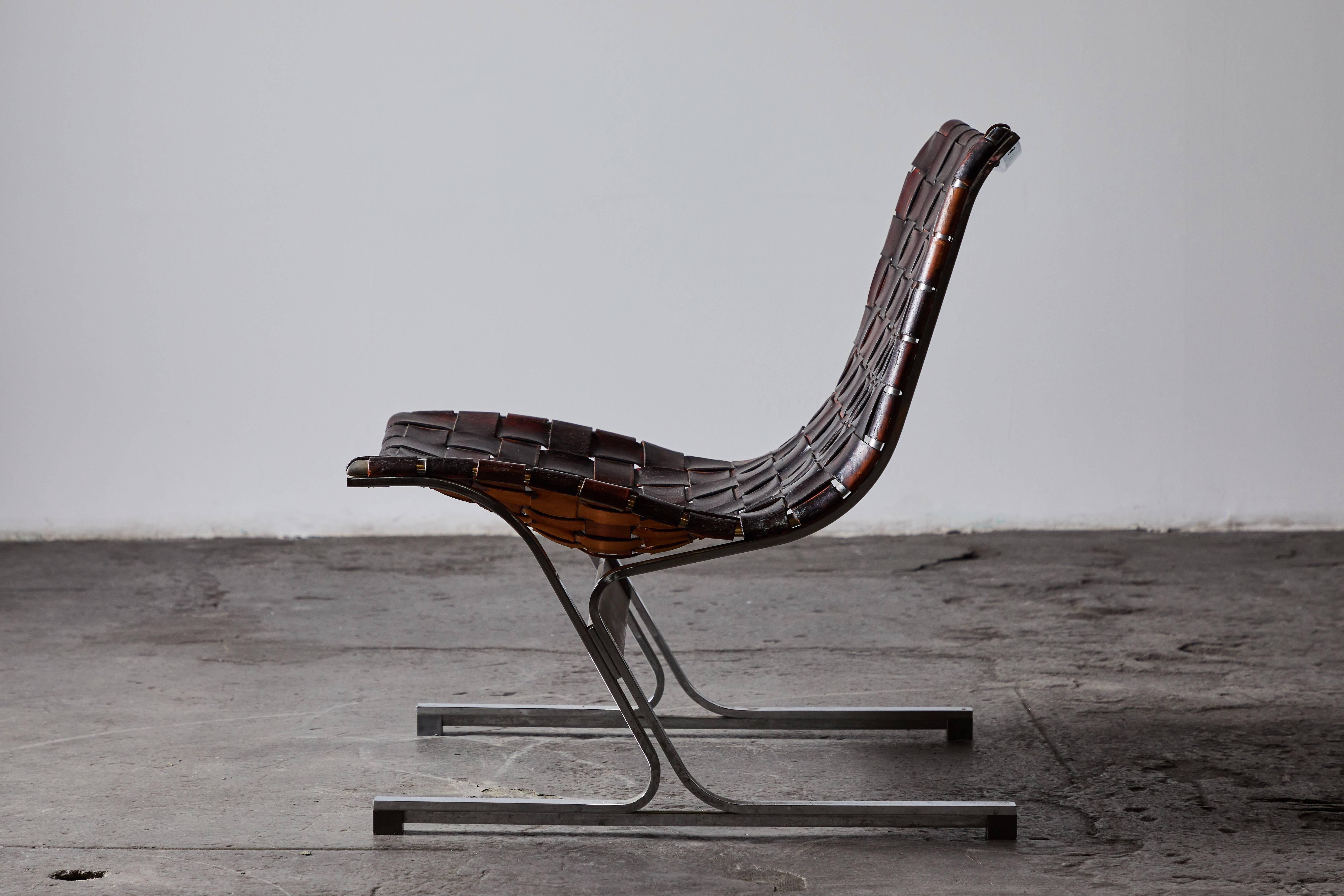 Patinated Leather Lounge Chairs by Ross Littell 1