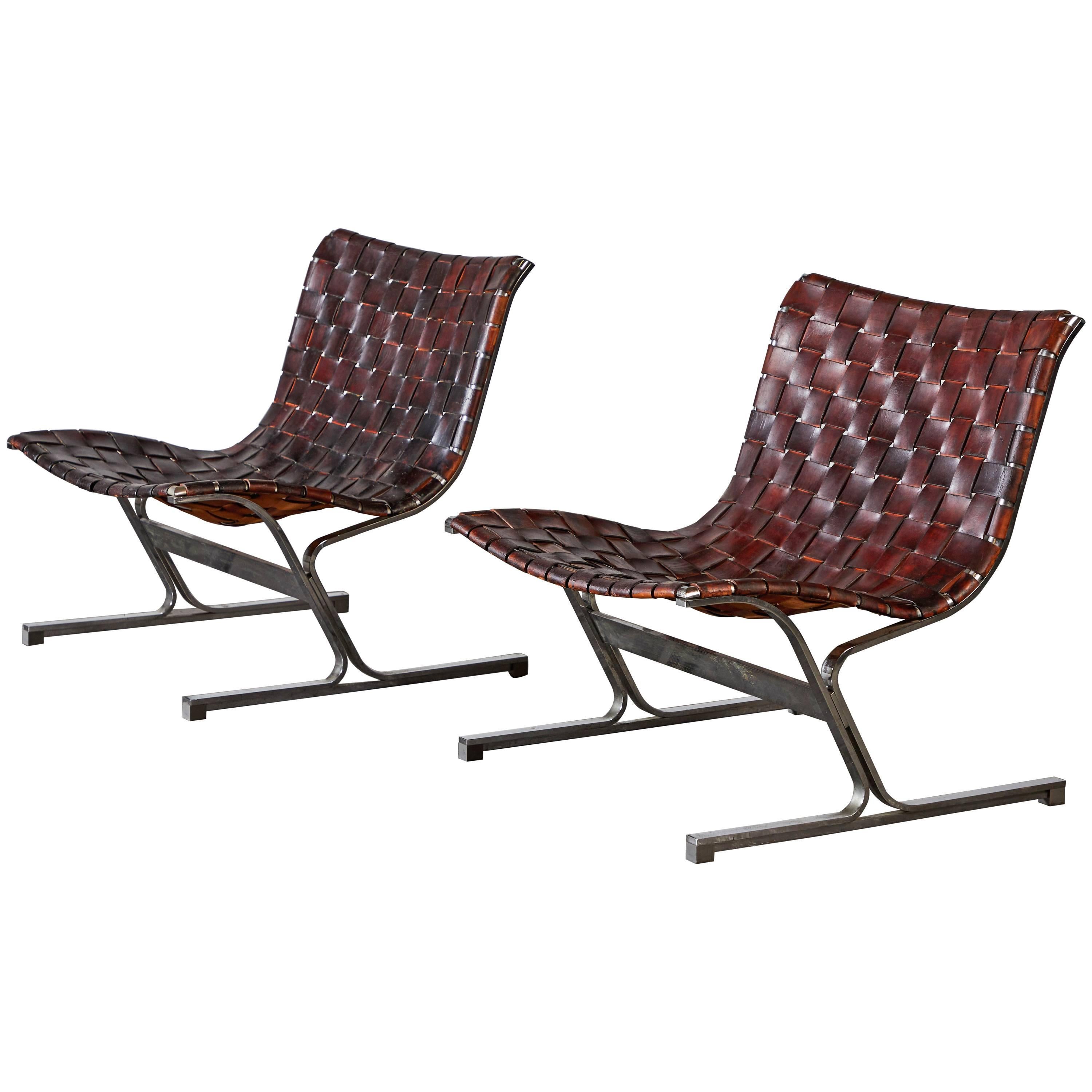 Patinated Leather Lounge Chairs by Ross Littell