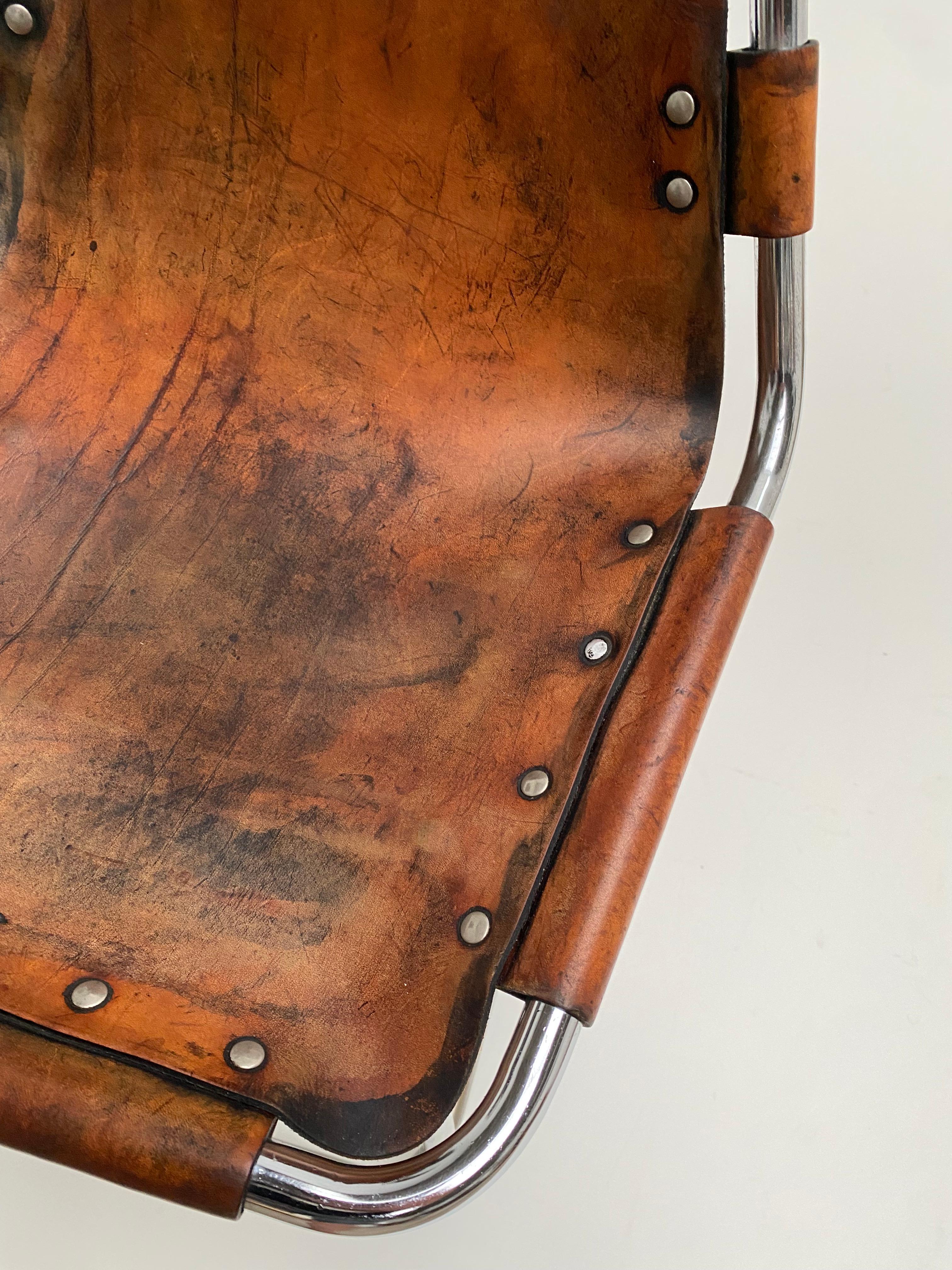 Patinated Leather Low Stool Selected by Charlotte Perriand for Les Arcs 1970's For Sale 3