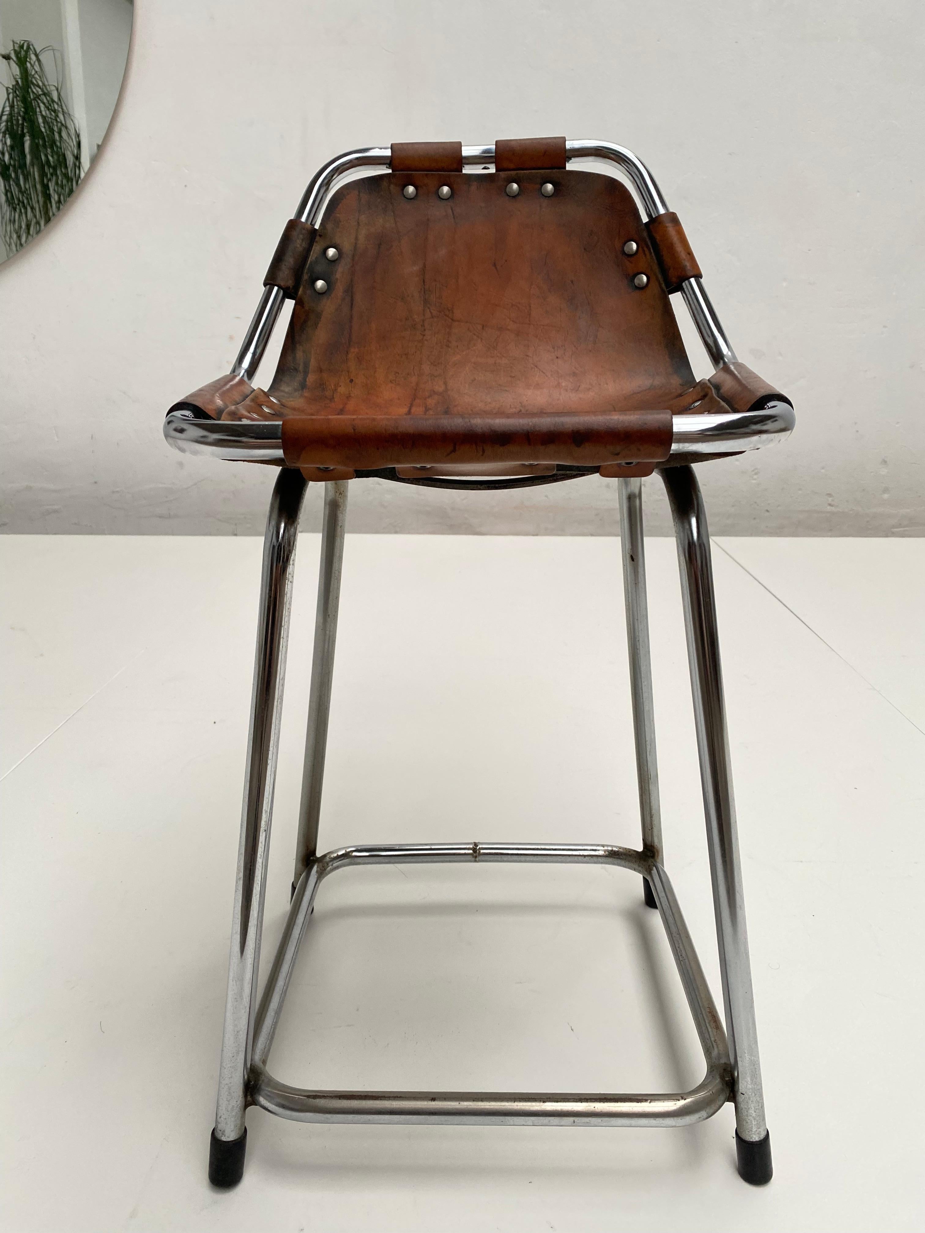 Patinated Leather Low Stool Selected by Charlotte Perriand for Les Arcs 1970's For Sale 5