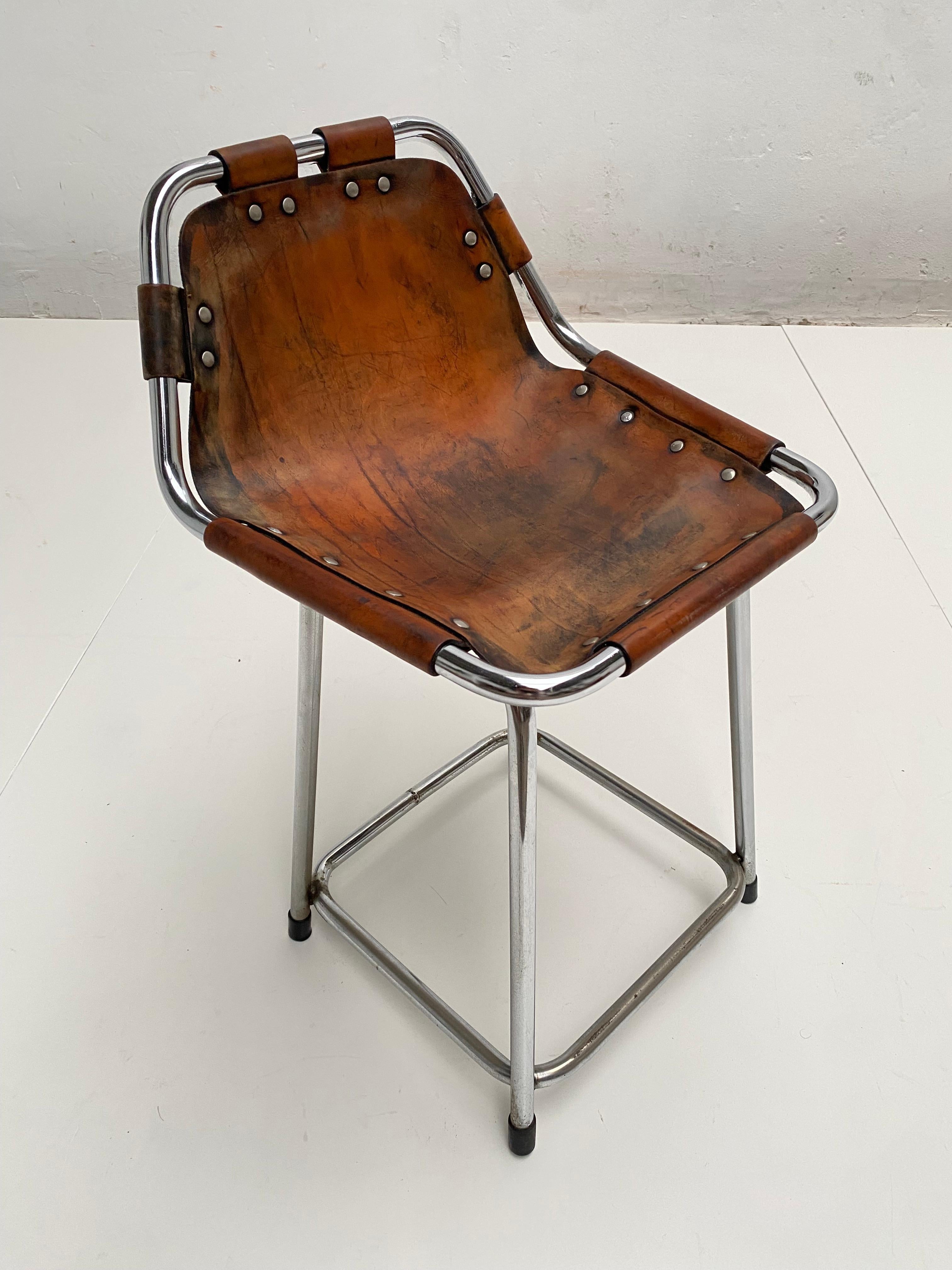 Patinated Leather Low Stool Selected by Charlotte Perriand for Les Arcs 1970's For Sale 11