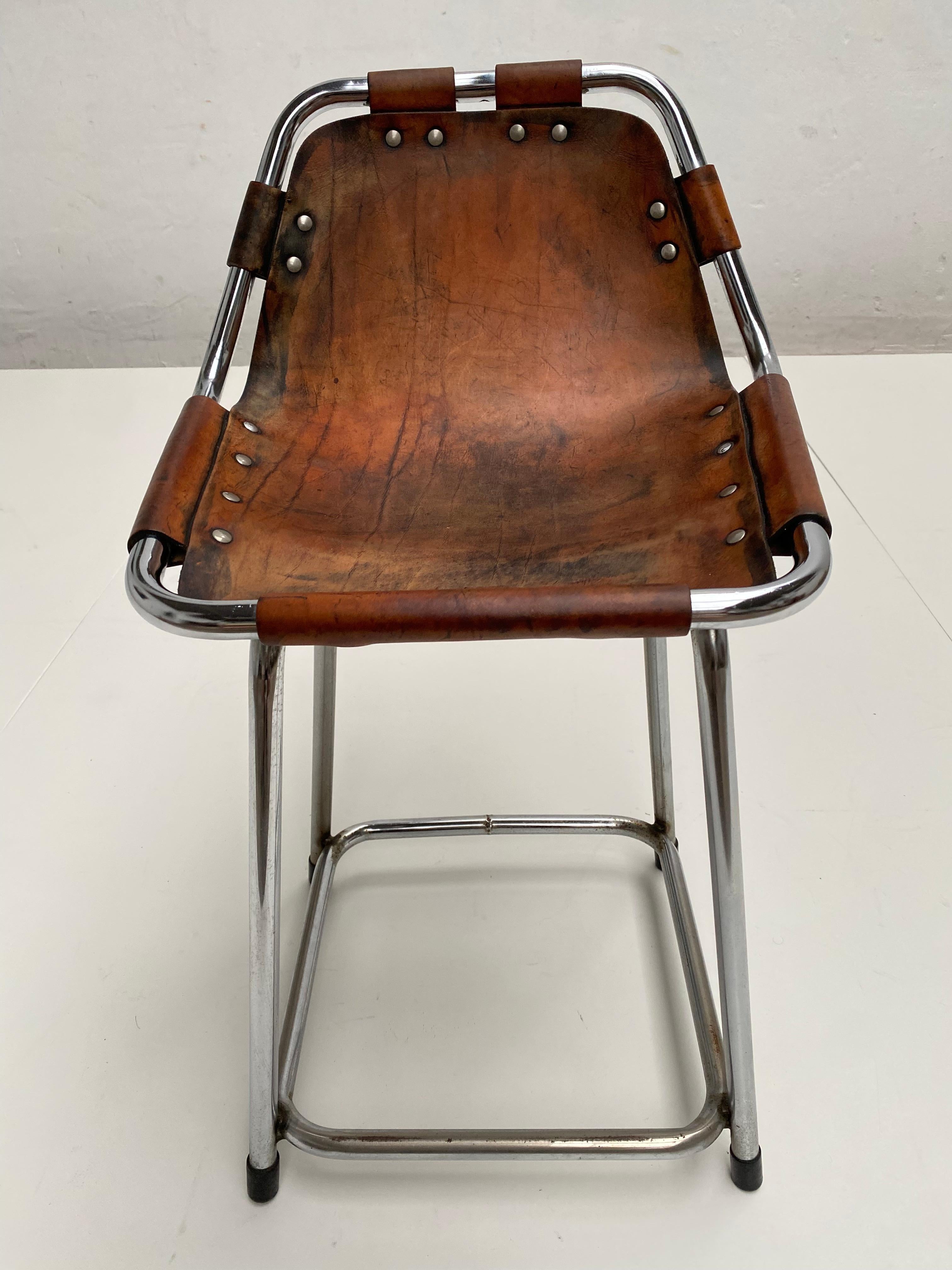 Mid-20th Century Patinated Leather Low Stool Selected by Charlotte Perriand for Les Arcs 1970's For Sale