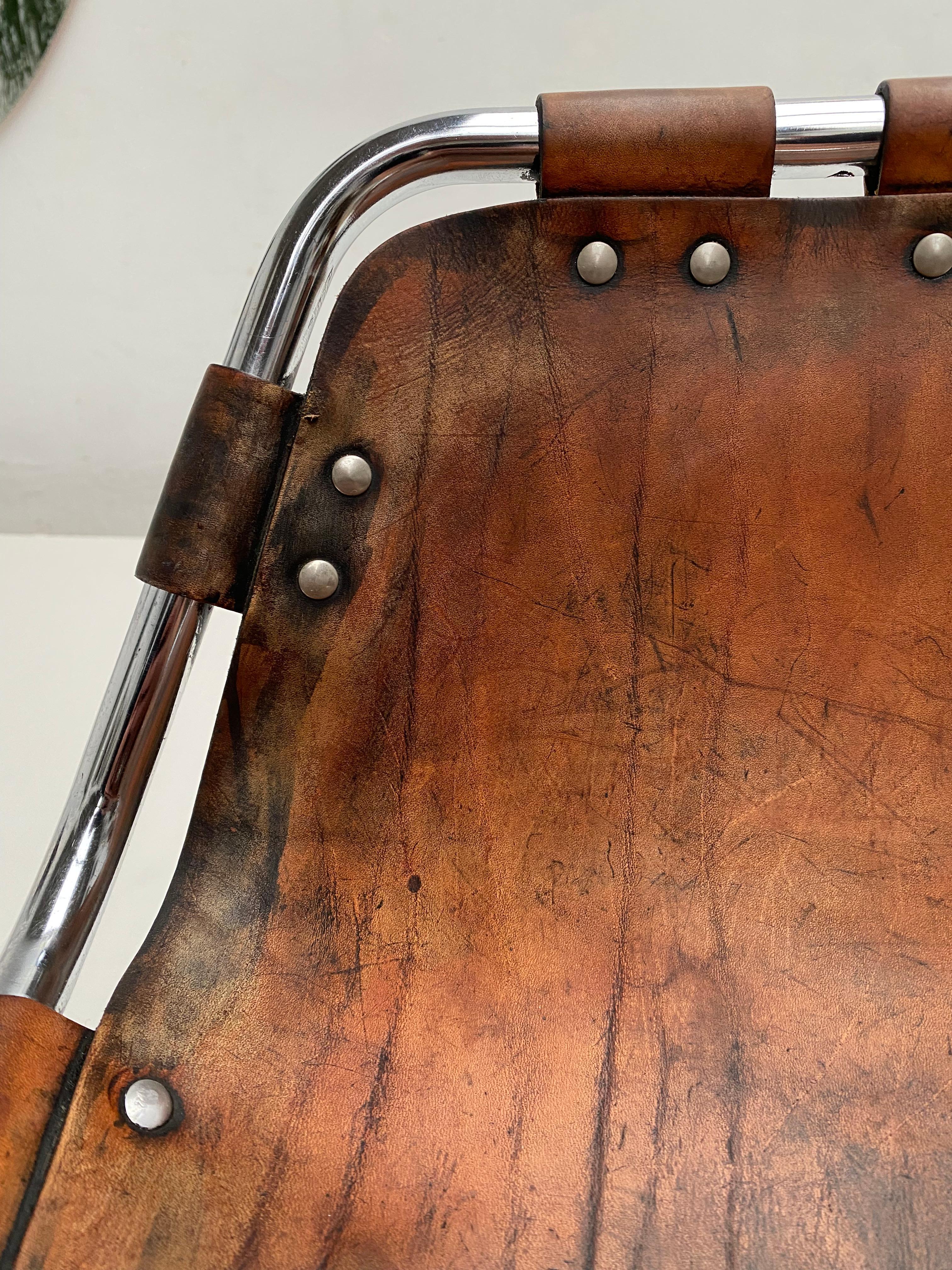 Steel Patinated Leather Low Stool Selected by Charlotte Perriand for Les Arcs 1970's For Sale