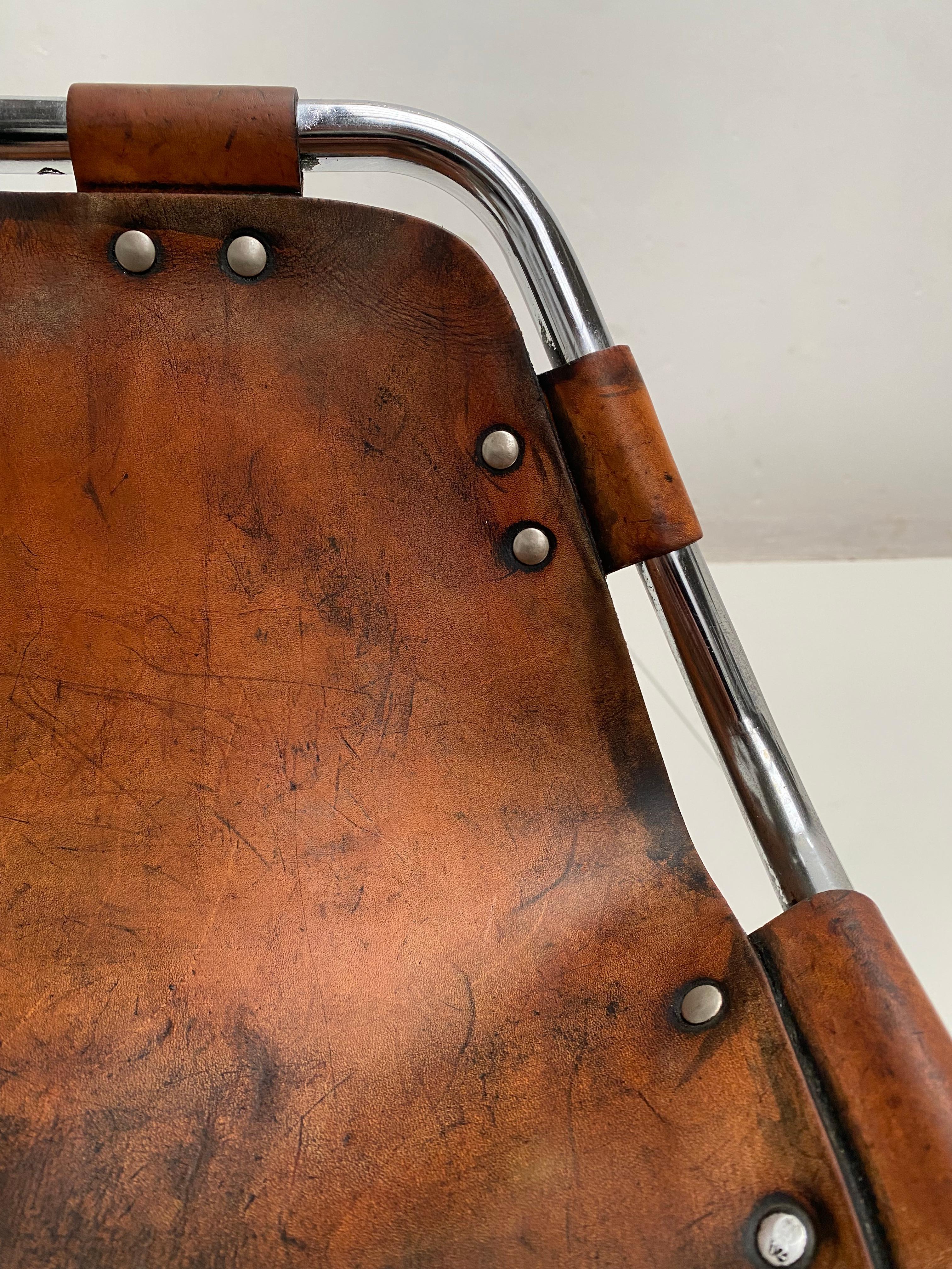 Patinated Leather Low Stool Selected by Charlotte Perriand for Les Arcs 1970's For Sale 1