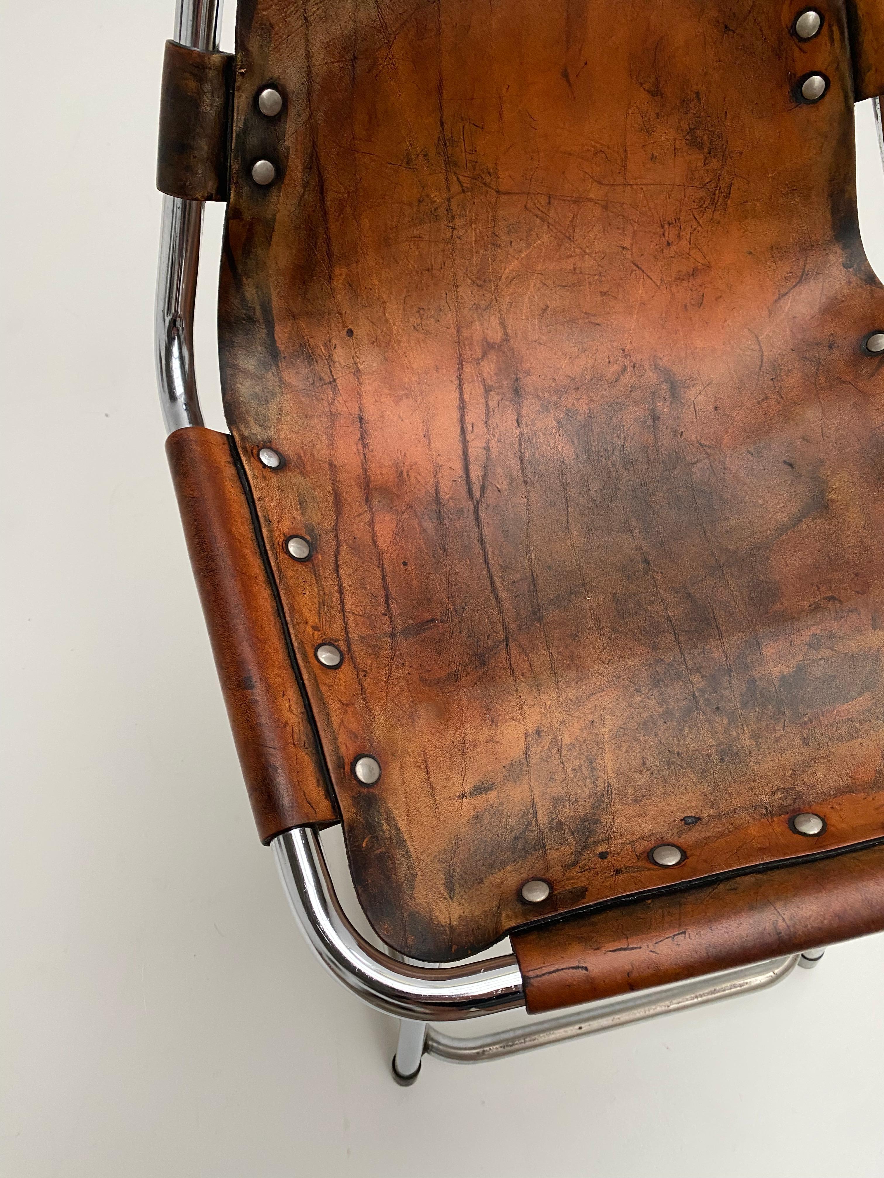 Patinated Leather Low Stool Selected by Charlotte Perriand for Les Arcs 1970's For Sale 2