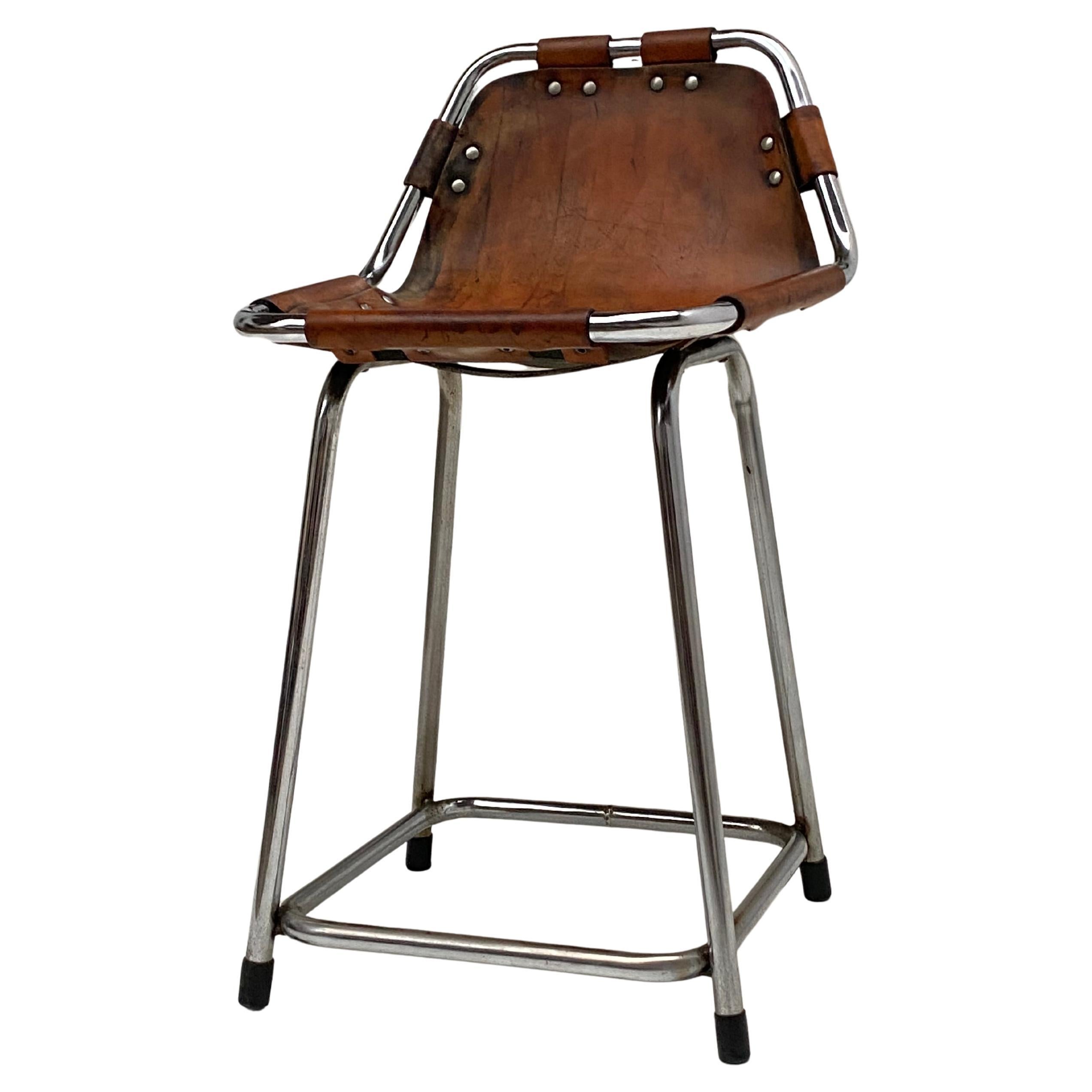 Patinated Leather Low Stool Selected by Charlotte Perriand for Les Arcs 1970's