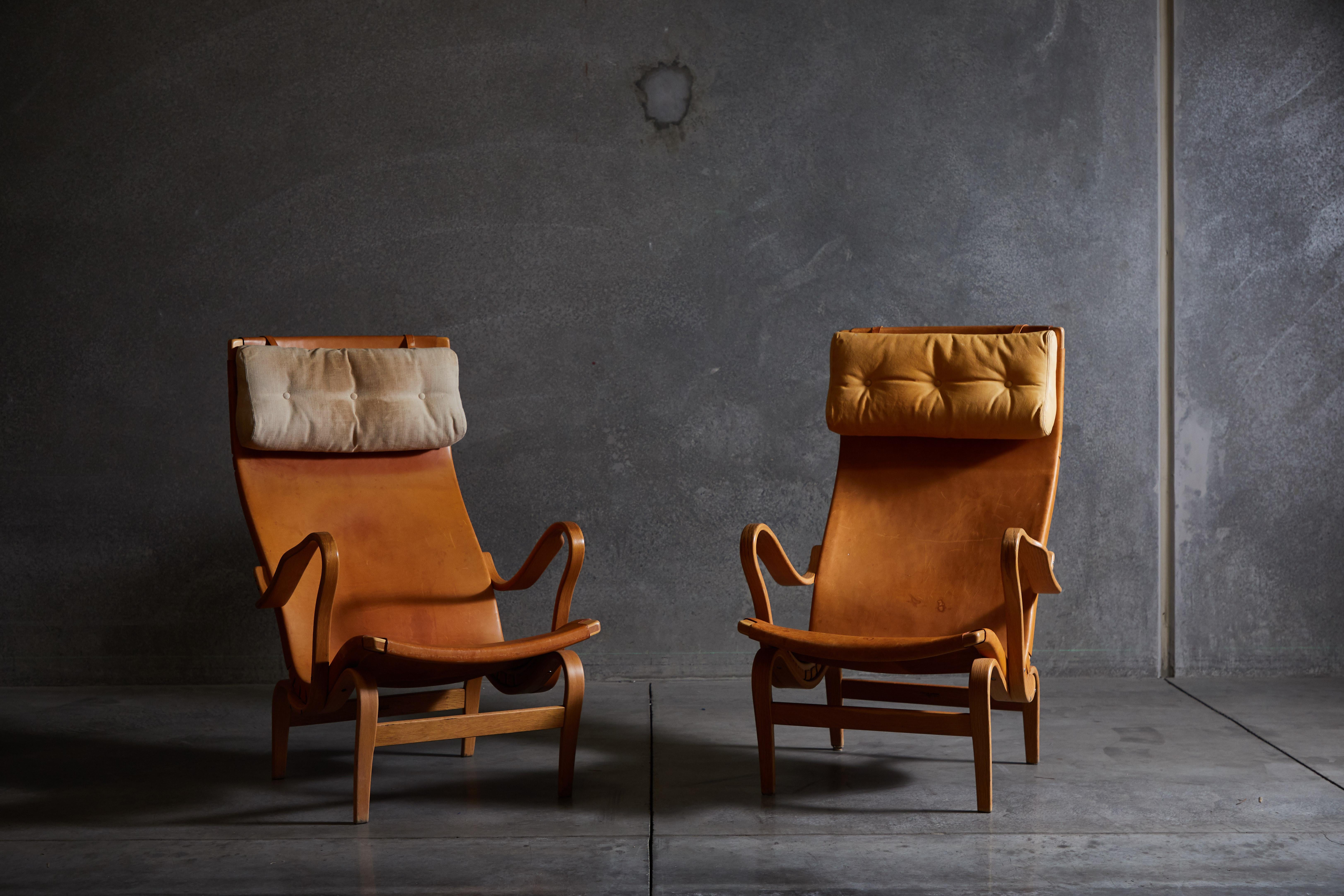Swedish Patinated Leather Pernilla Lounge Chairs by Bruno Mathsson