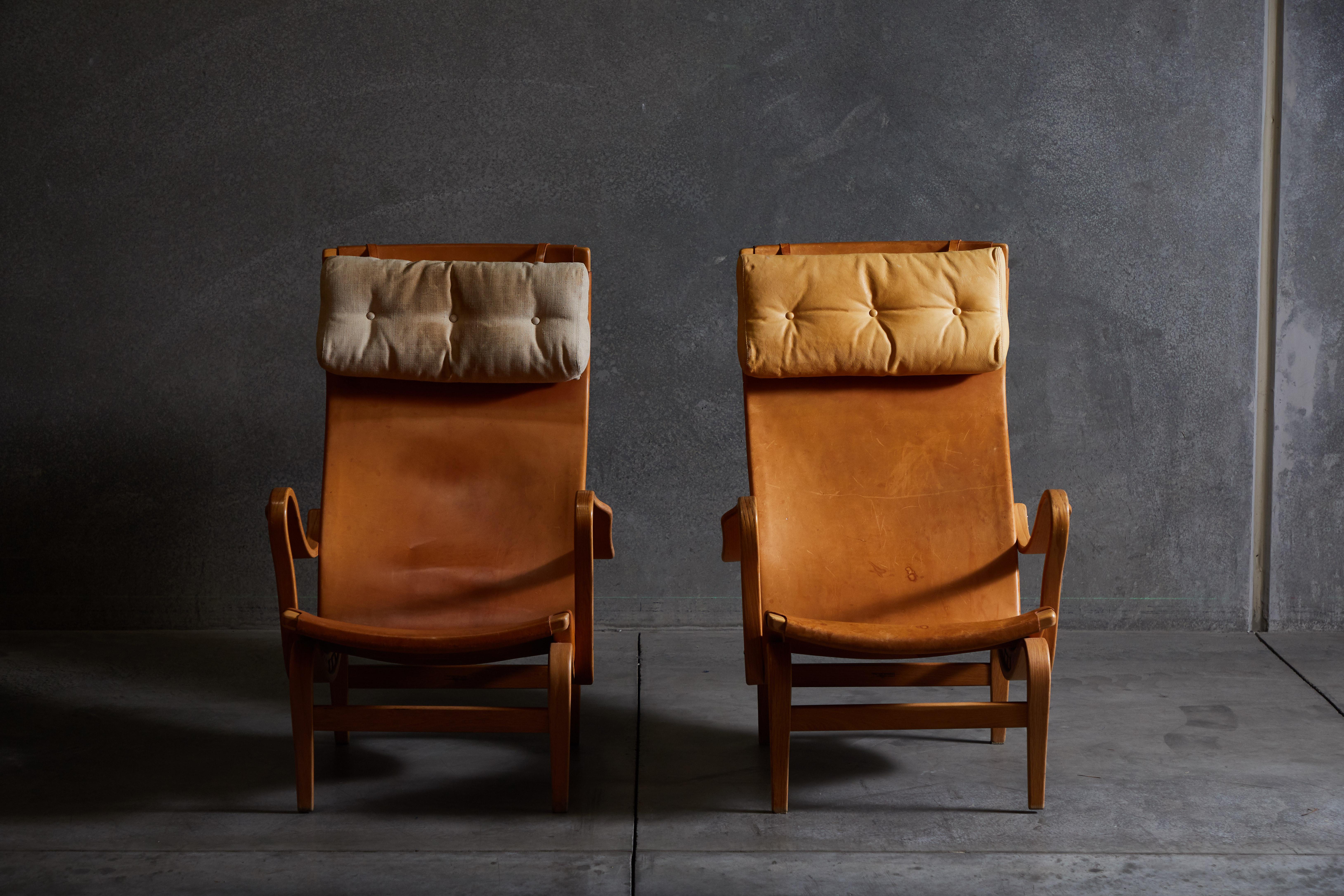 Beech Patinated Leather Pernilla Lounge Chairs by Bruno Mathsson