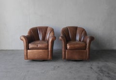 Patinated Leather Rocking Swivel Lounge Chairs