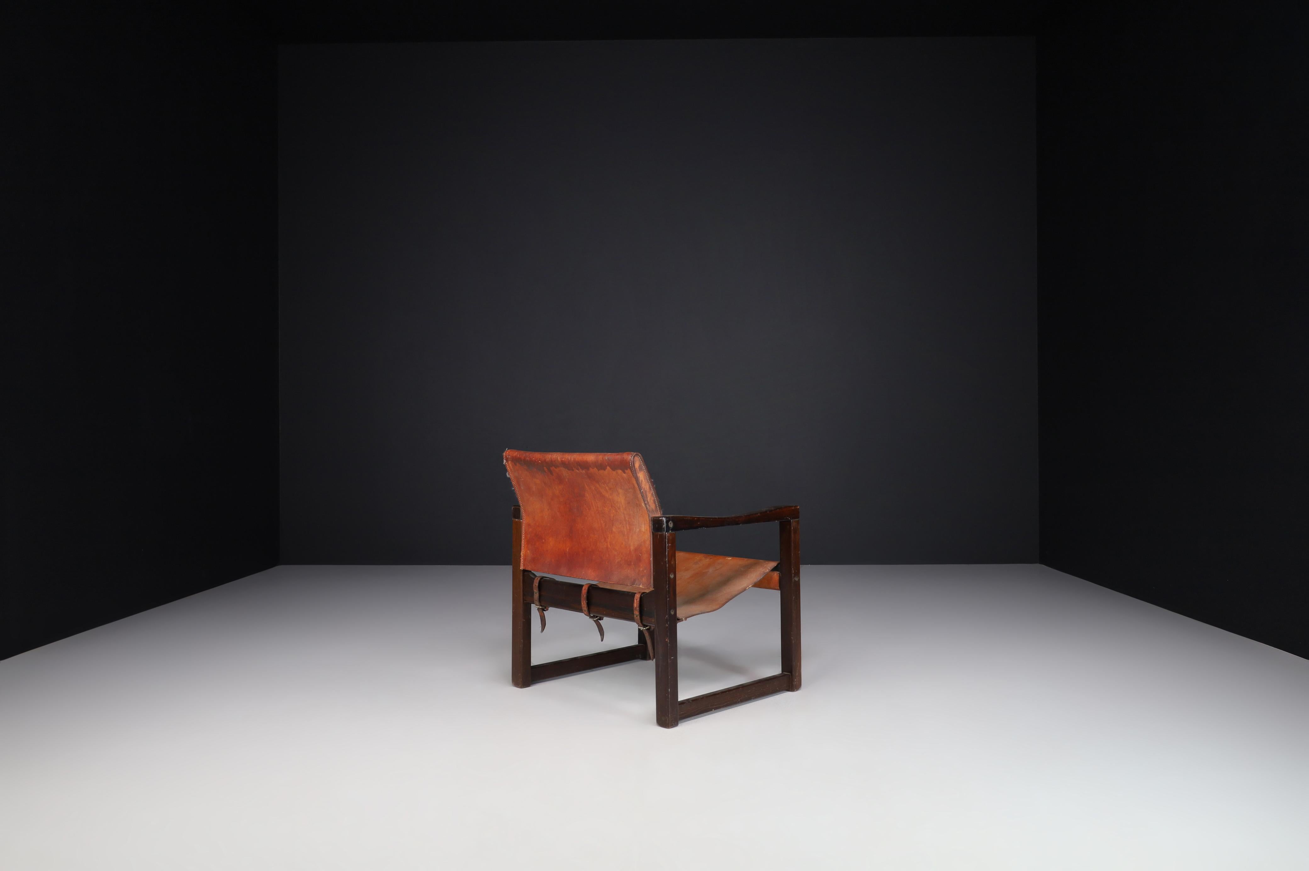 Suédois Karin Mobring fauteuil de salon safari en cuir patiné, Suède, 1970 en vente