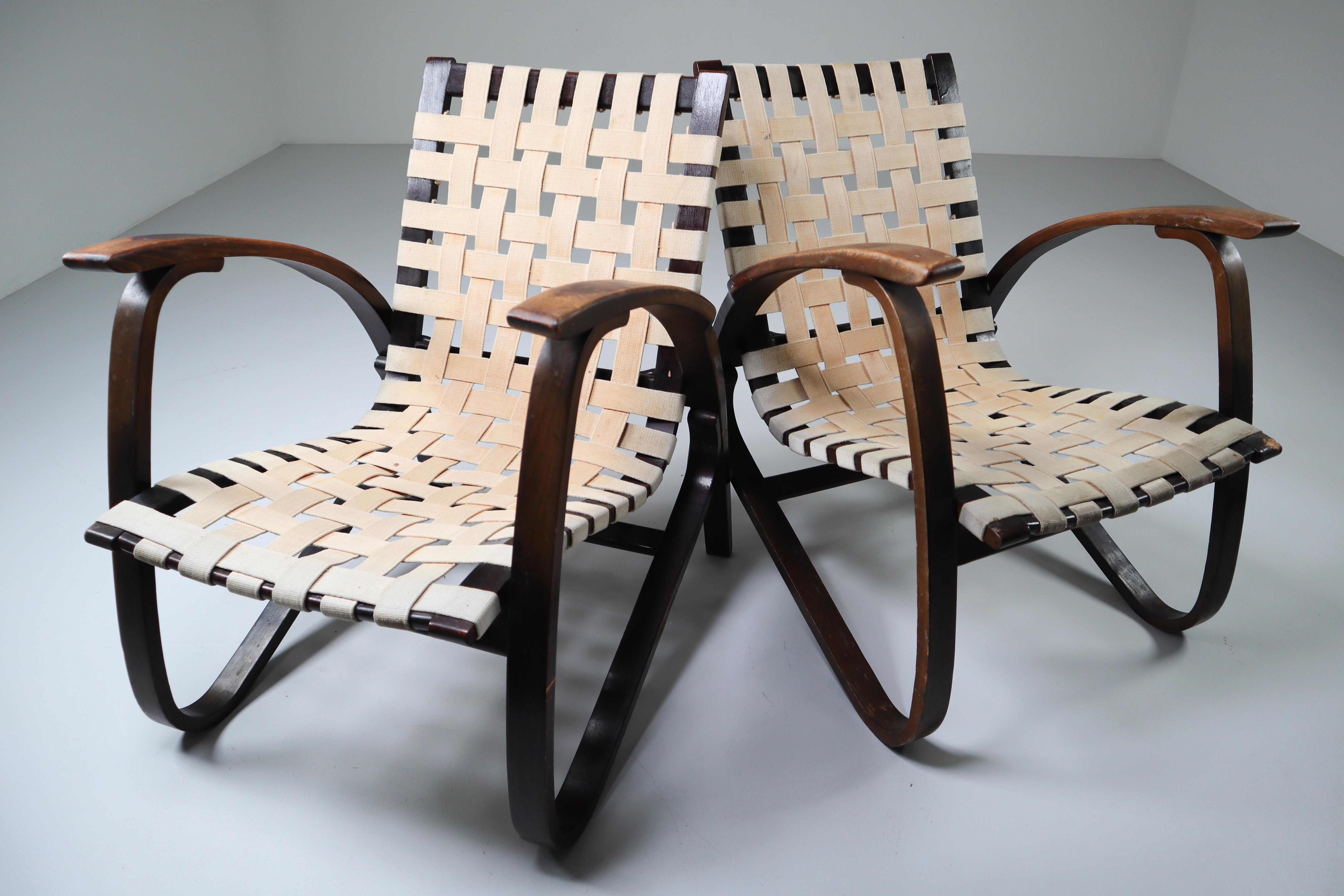 Textile Patinated Lounge Chairs in Wood and Canvas by Jan Vanek, Czech Republic, 1930s