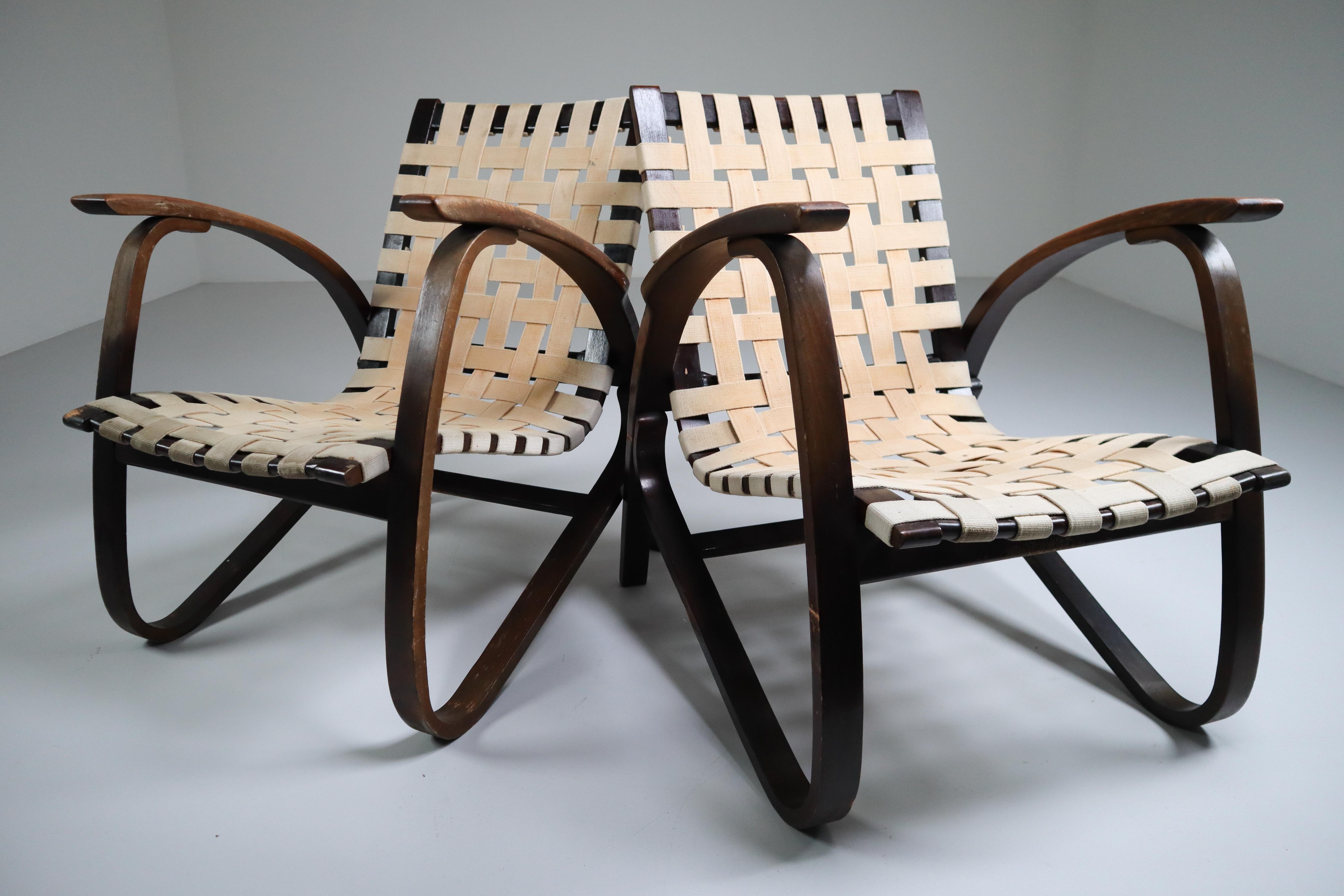 Patinated Lounge Chairs in Wood and Canvas by Jan Vanek, Czech Republic, 1930s 1