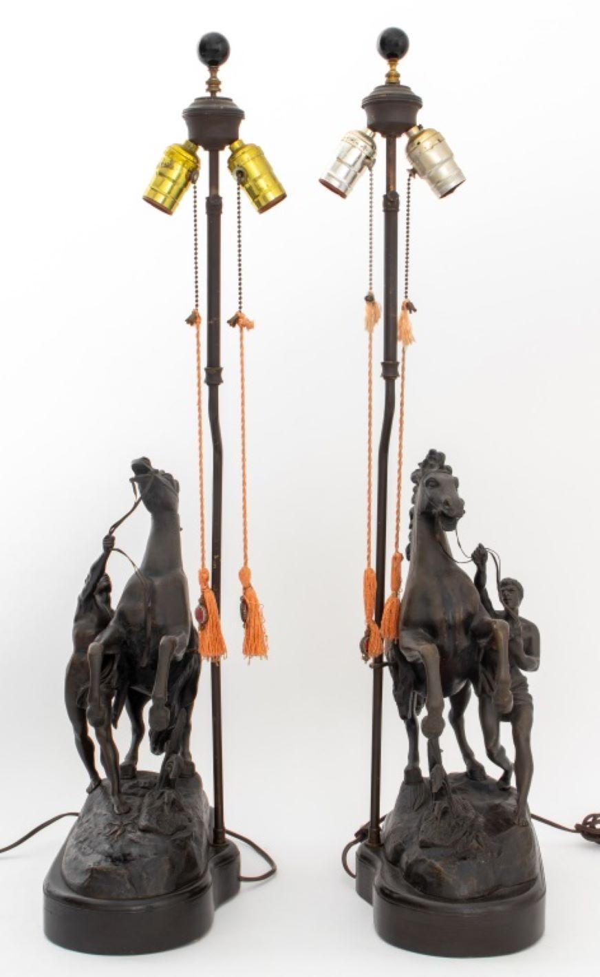 Pair of Patinated Spelter Marly Horses Mounted as Lamps, ebonized globe finials and string-pulls. 33