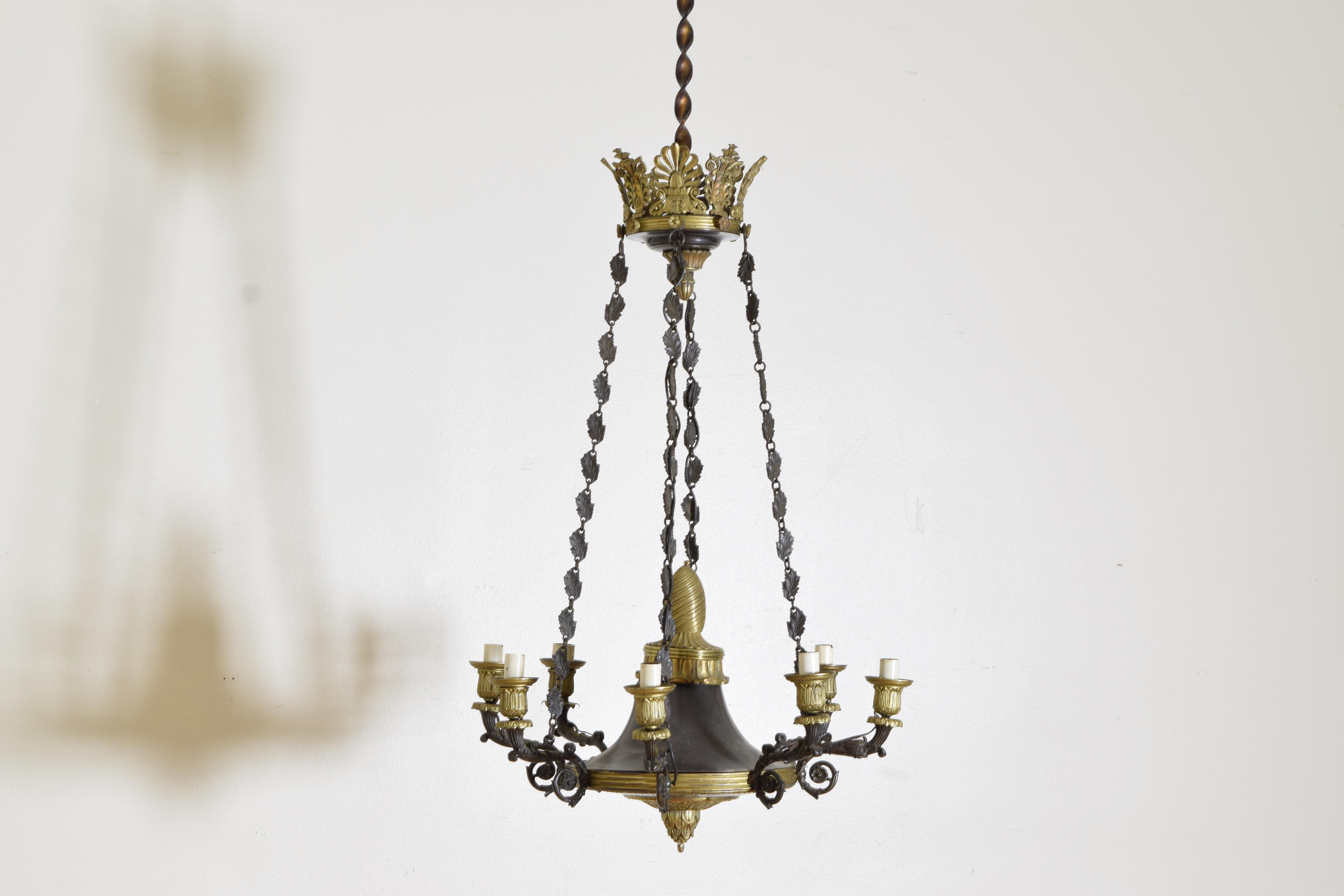 Patinated Metal and Brass French Empire Period 8-Arm Chandelier, ca. 1810 In Good Condition For Sale In Atlanta, GA