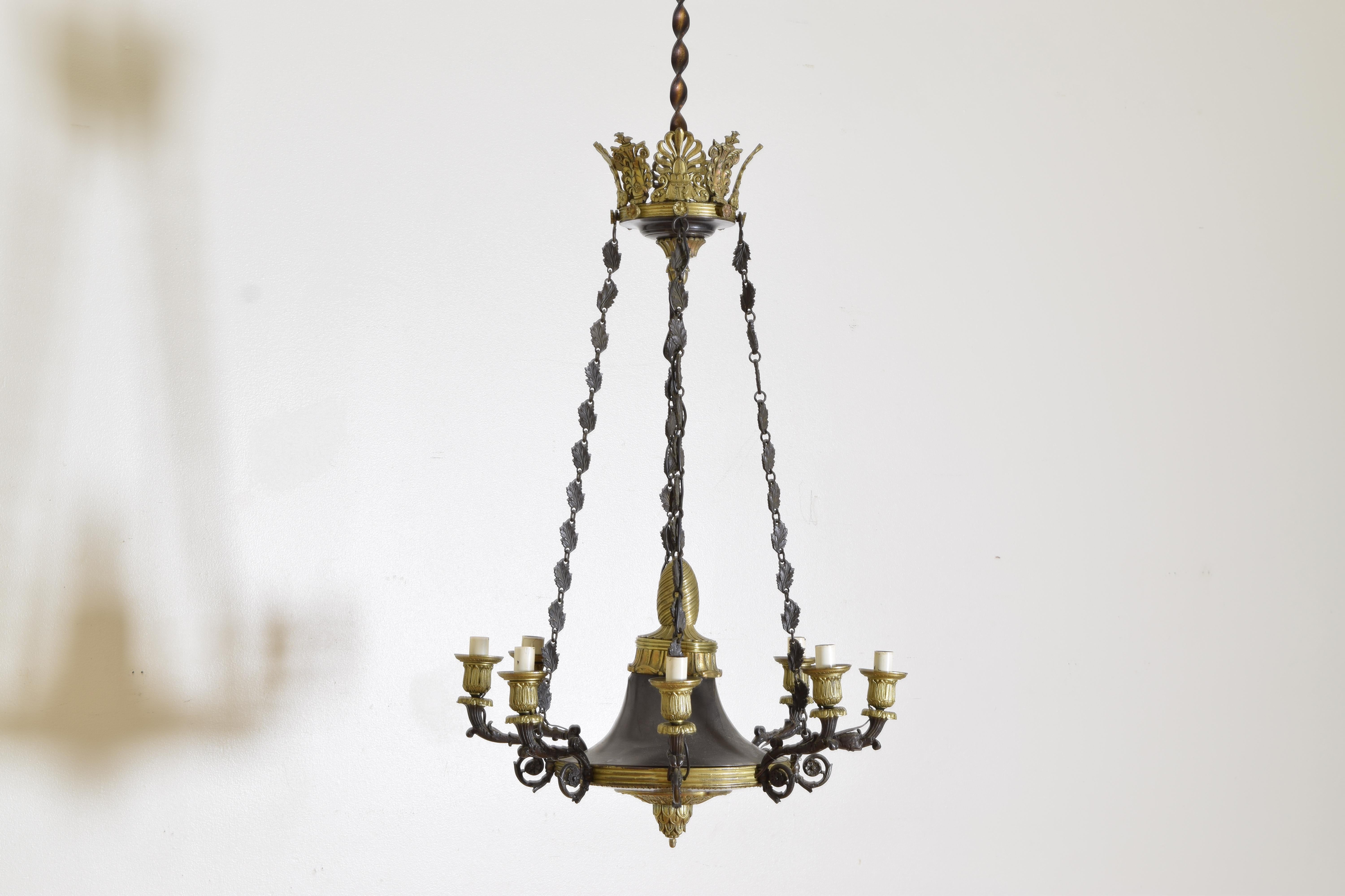 Early 19th Century Patinated Metal and Brass French Empire Period 8-Arm Chandelier, ca. 1810 For Sale