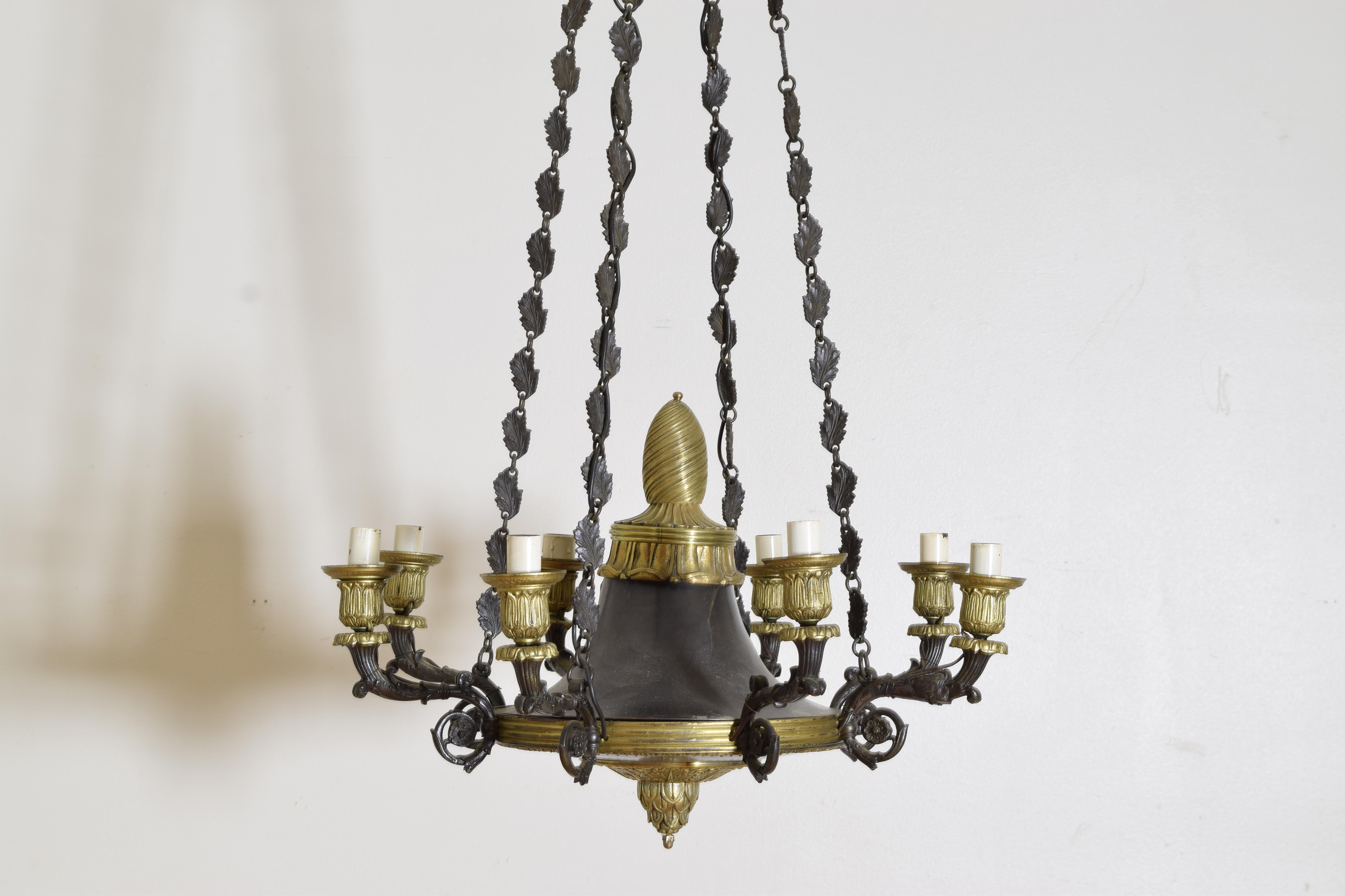 Patinated Metal and Brass French Empire Period 8-Arm Chandelier, ca. 1810 For Sale 2