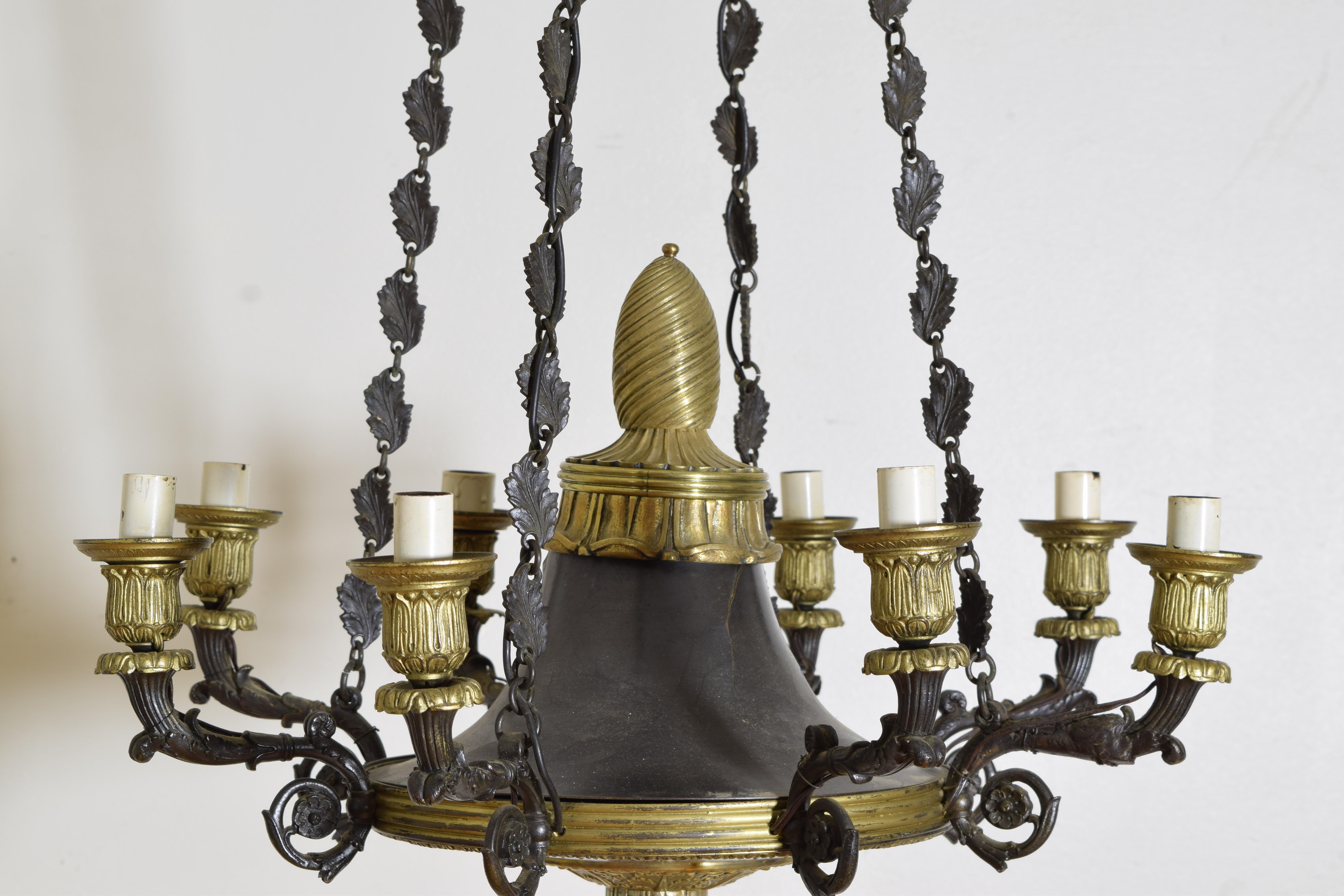 Patinated Metal and Brass French Empire Period 8-Arm Chandelier, ca. 1810 For Sale 3