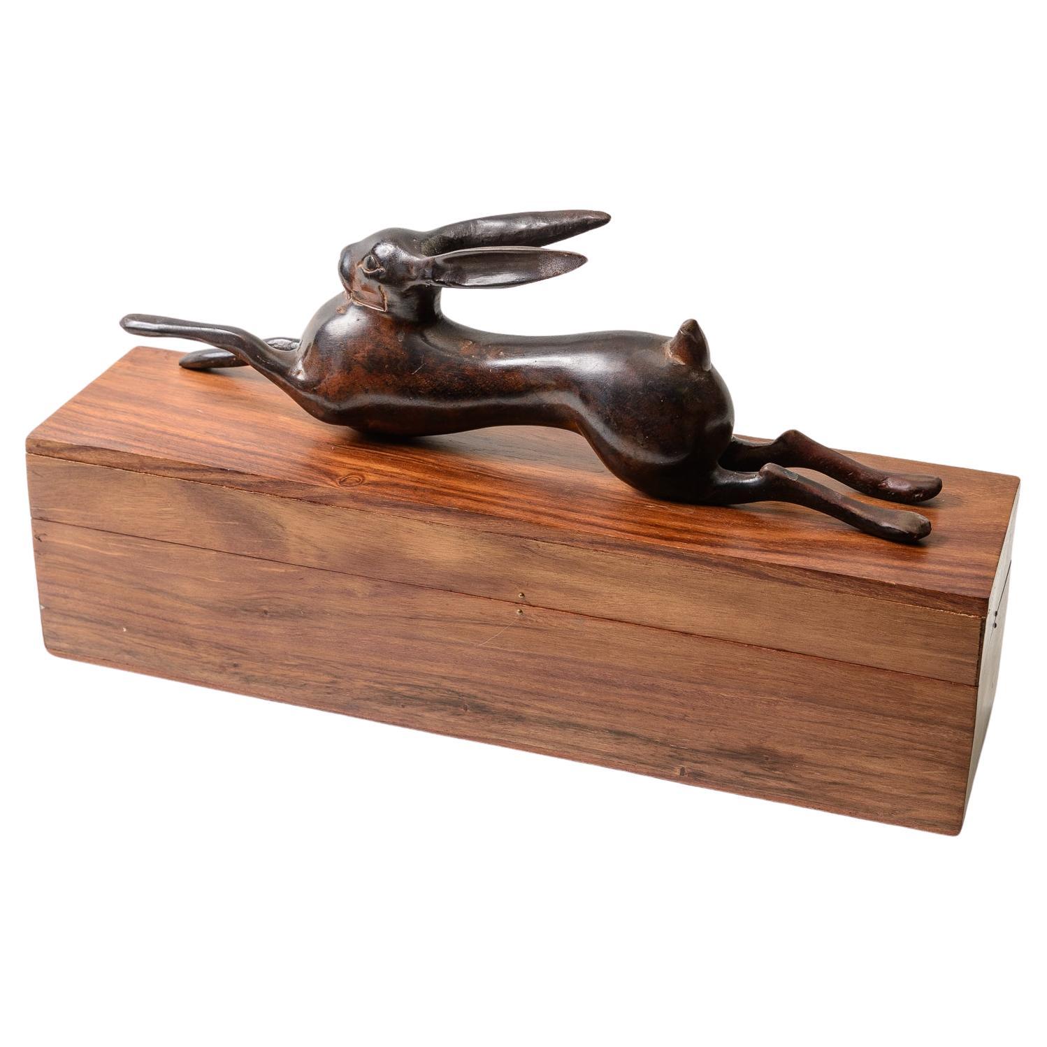Patinated Metal and Rosewood Bunny Box For Sale