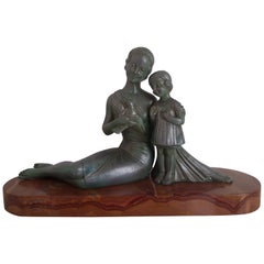 Patinated Metal Art Deco Statue on Marble Base