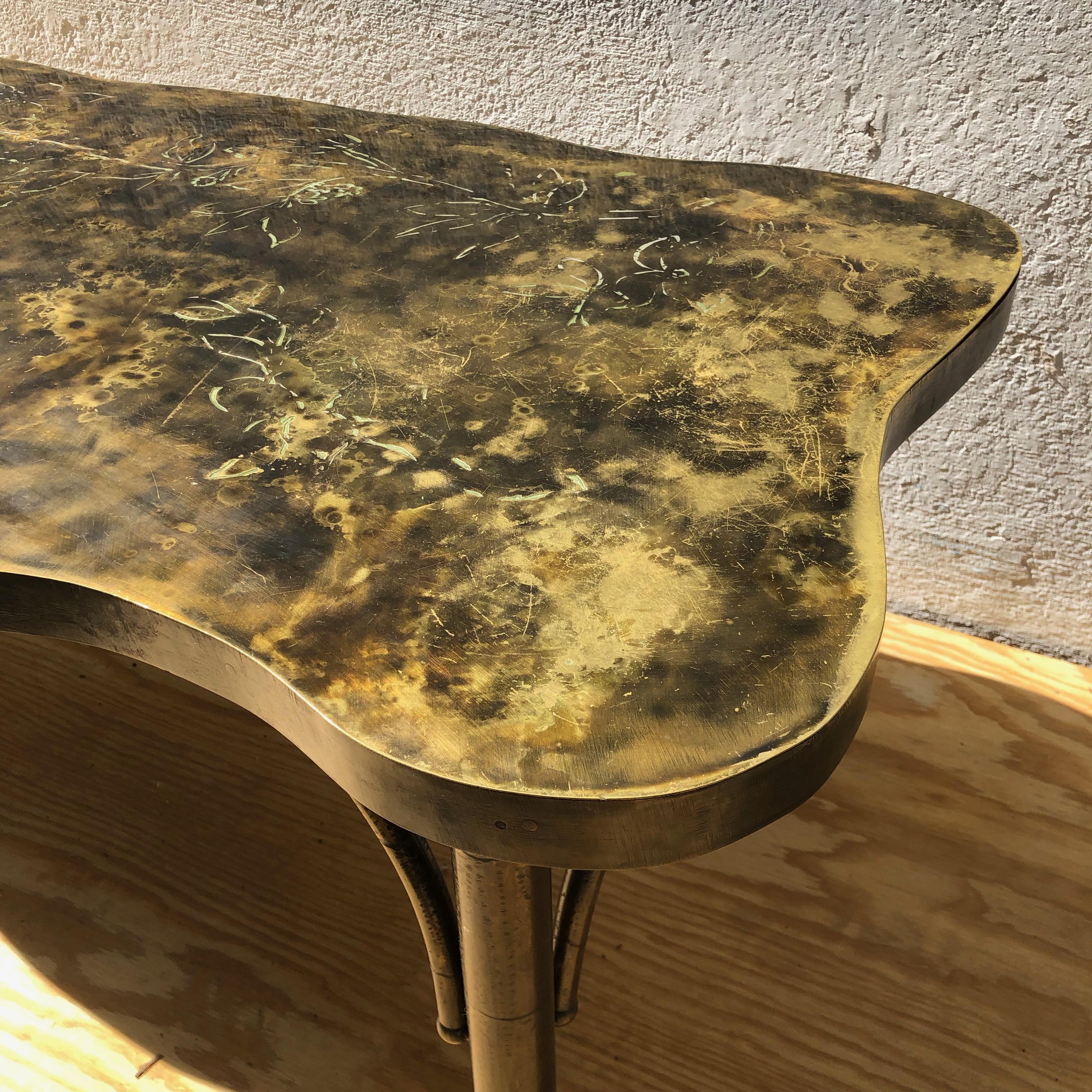 Scallop-form, mixed metal, patinated coffee table by Philip and Kelvin LaVerne.