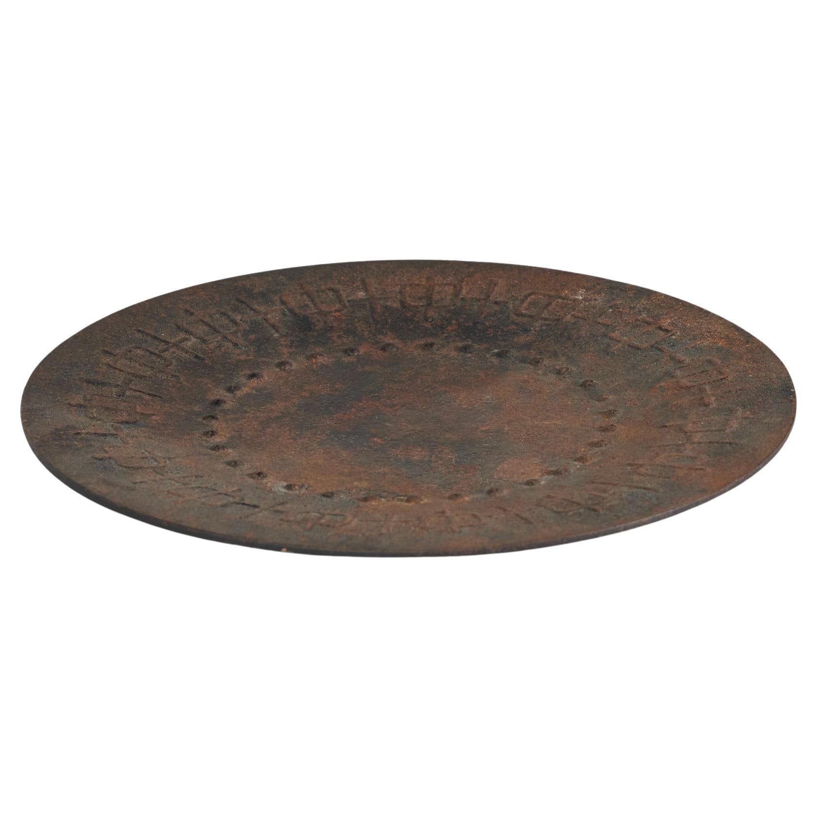 Patinated Metal Dish with Raised Geometric Pattern For Sale