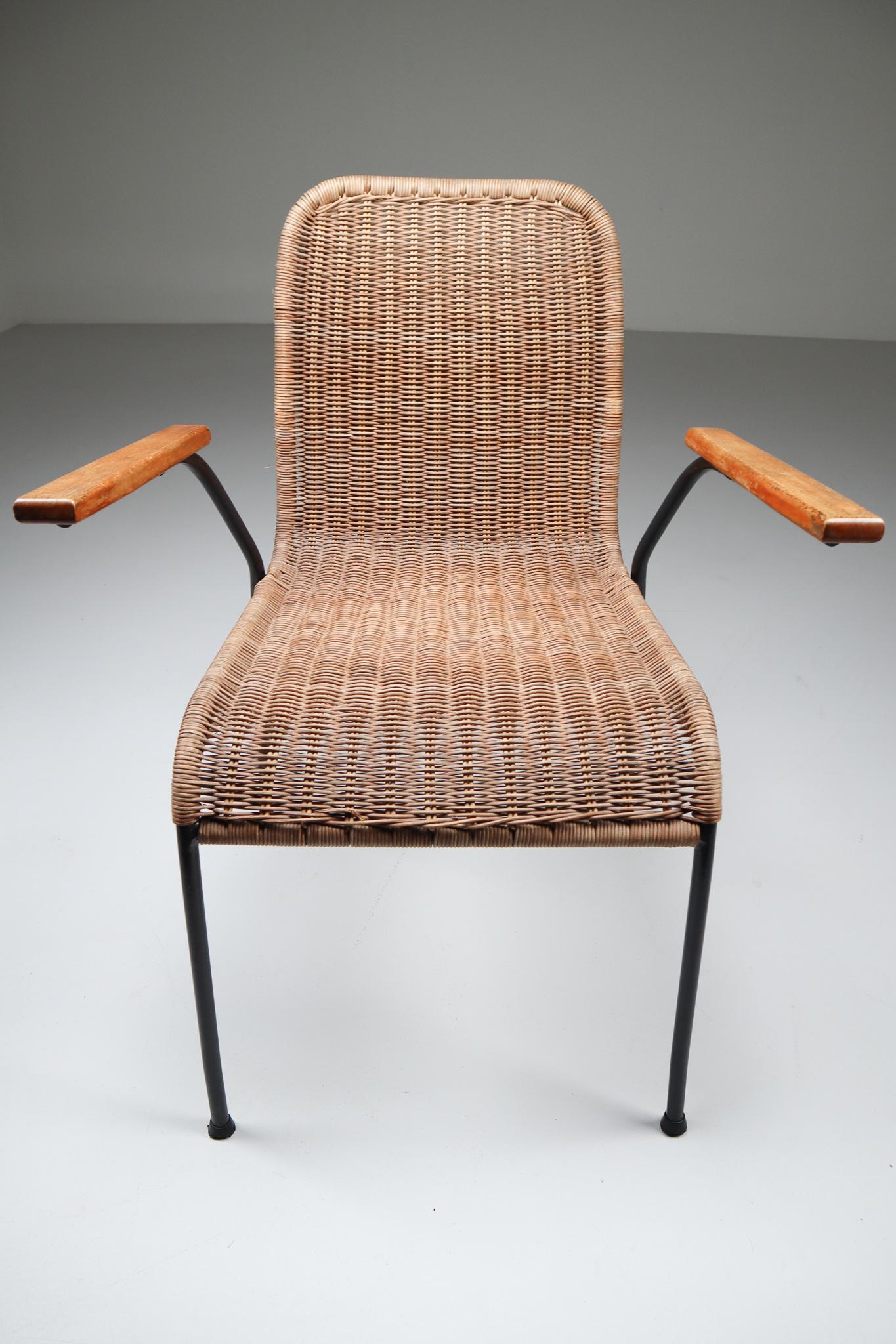 Mid-Century Modern Patinated Metal Framed Armchairs with Woven Wicker Seat, The Netherlands, 1950