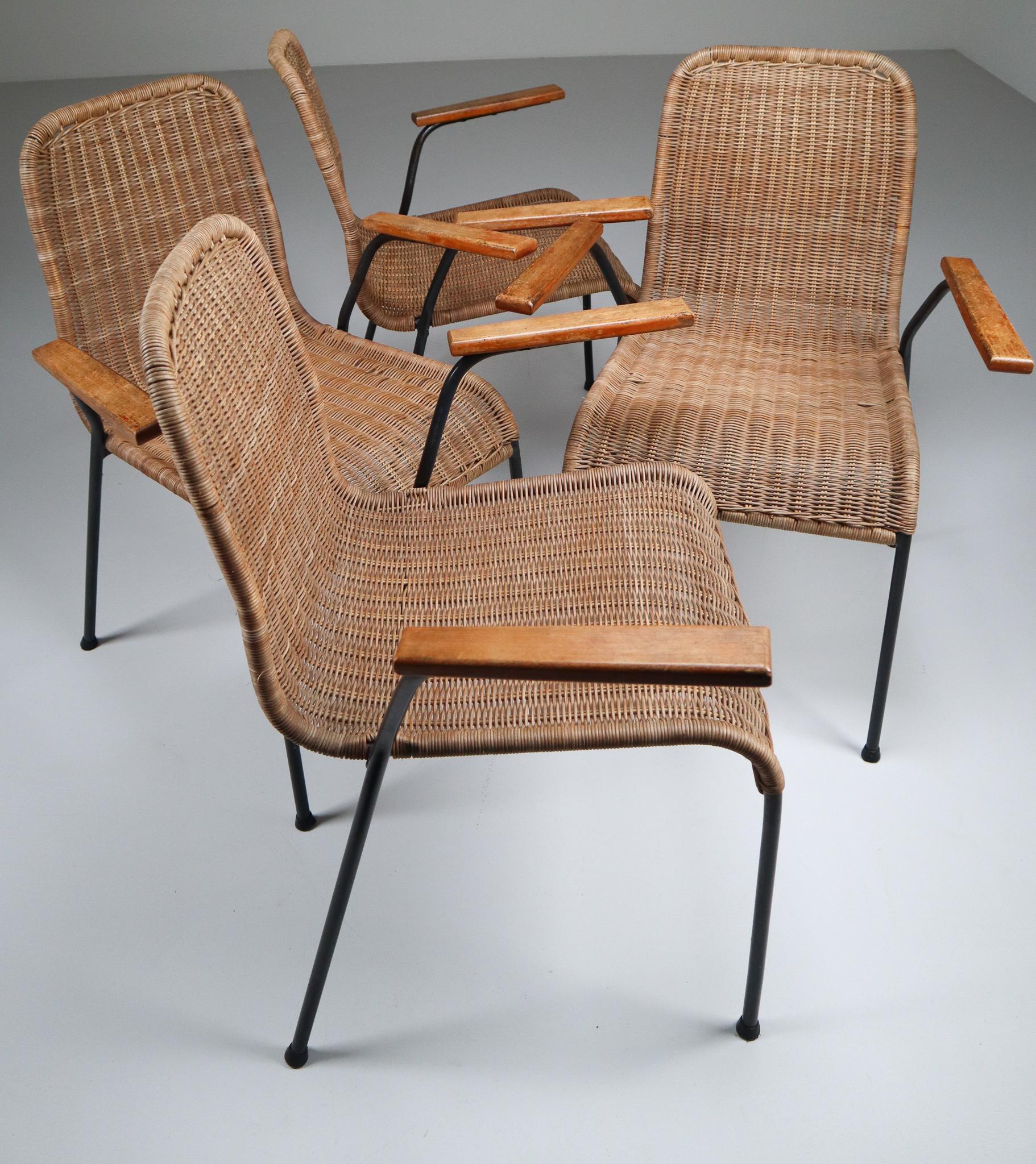 Dutch Patinated Metal Framed Armchairs with Woven Wicker Seat, The Netherlands, 1950