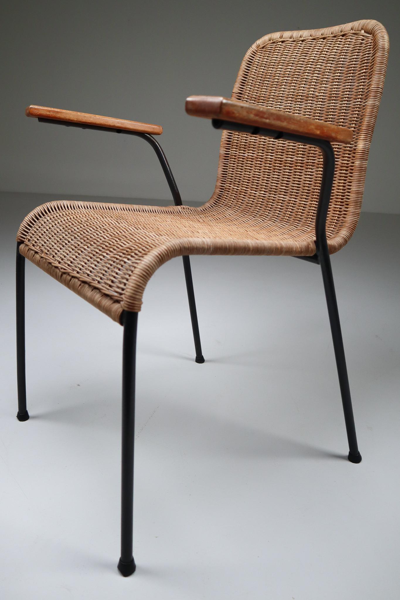 Patinated Metal Framed Armchairs with Woven Wicker Seat, The Netherlands, 1950 In Good Condition In Almelo, NL