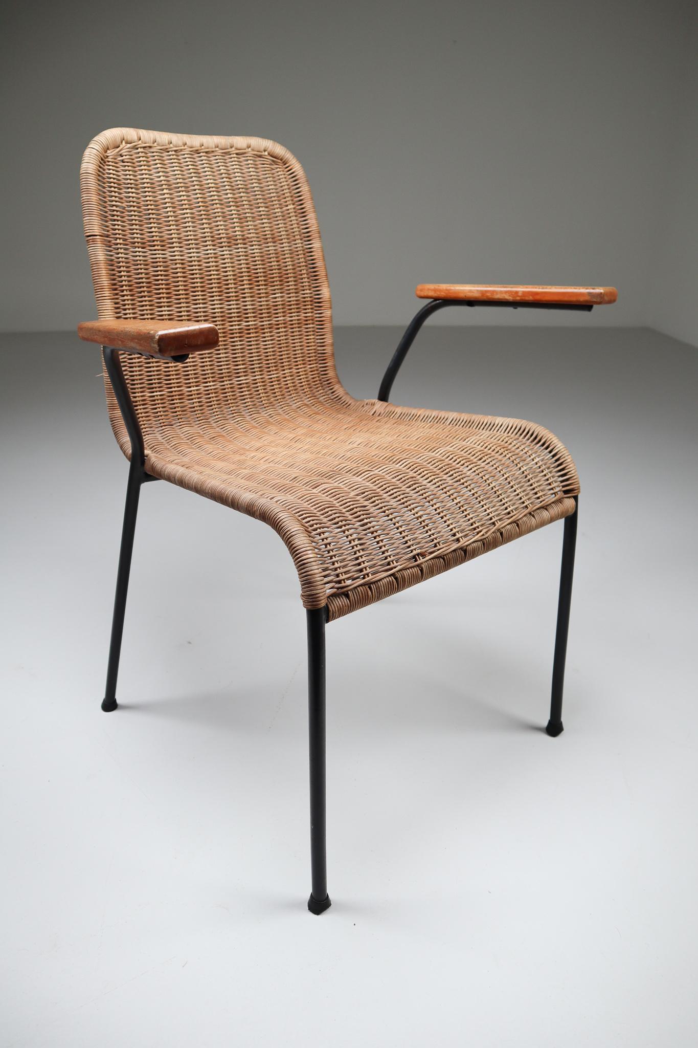 20th Century Patinated Metal Framed Armchairs with Woven Wicker Seat, The Netherlands, 1950