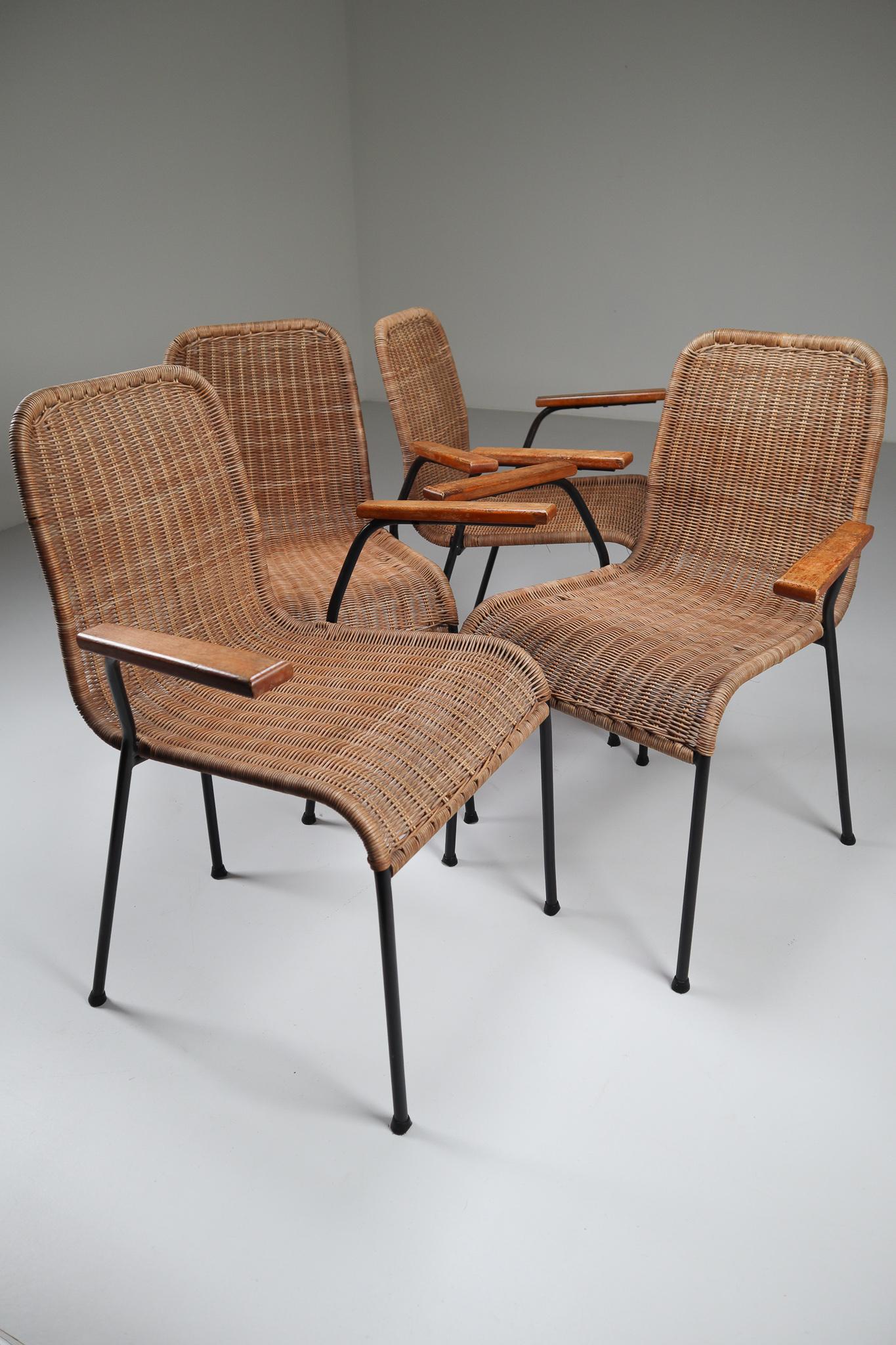 Patinated Metal Framed Armchairs with Woven Wicker Seat, The Netherlands, 1950 1