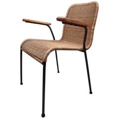 Patinated Metal Framed Armchairs with Woven Wicker Seat, The Netherlands, 1950