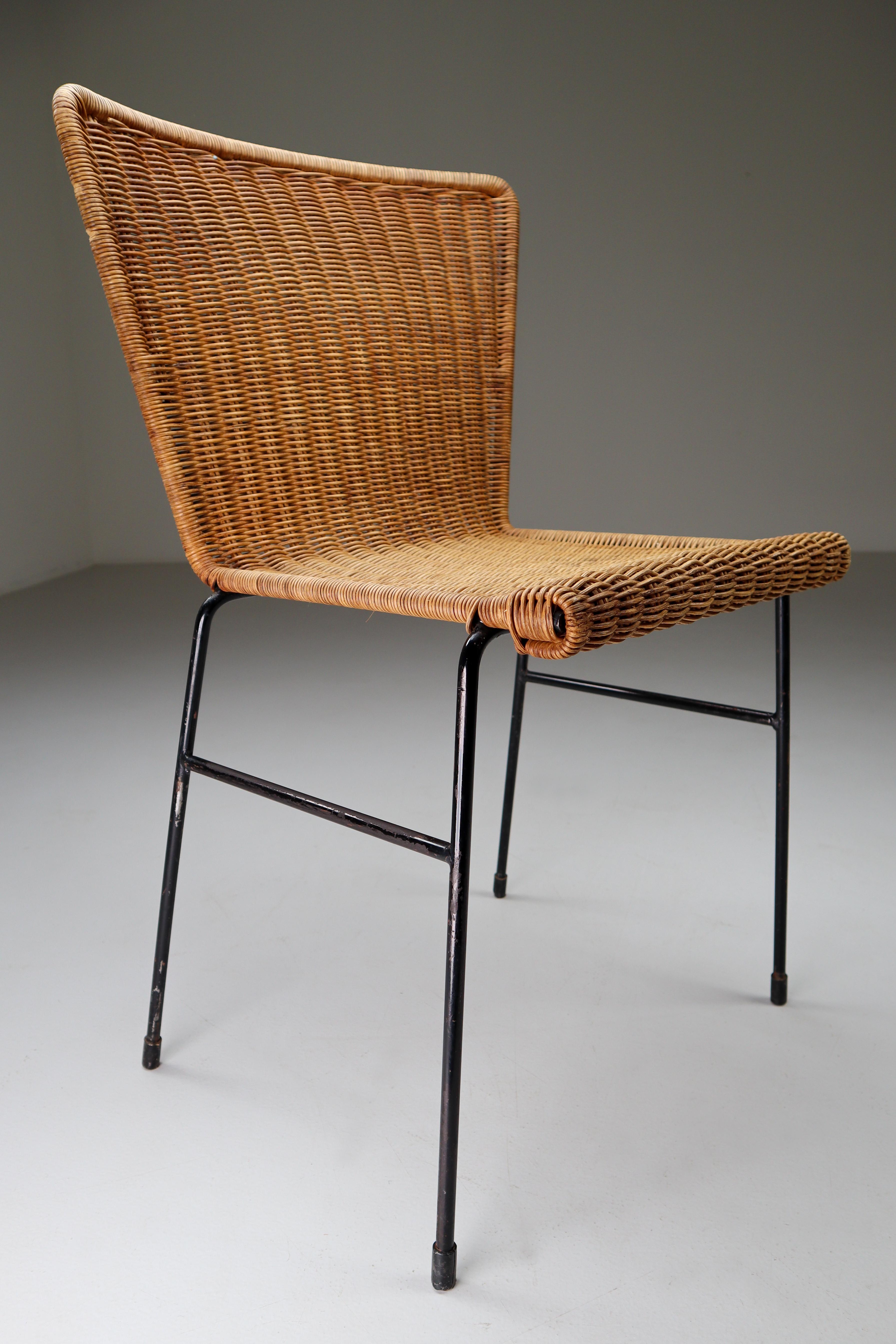 Mid-Century Modern Patinated Metal Framed chairs with Woven Wicker Seat, The Netherlands, 1950