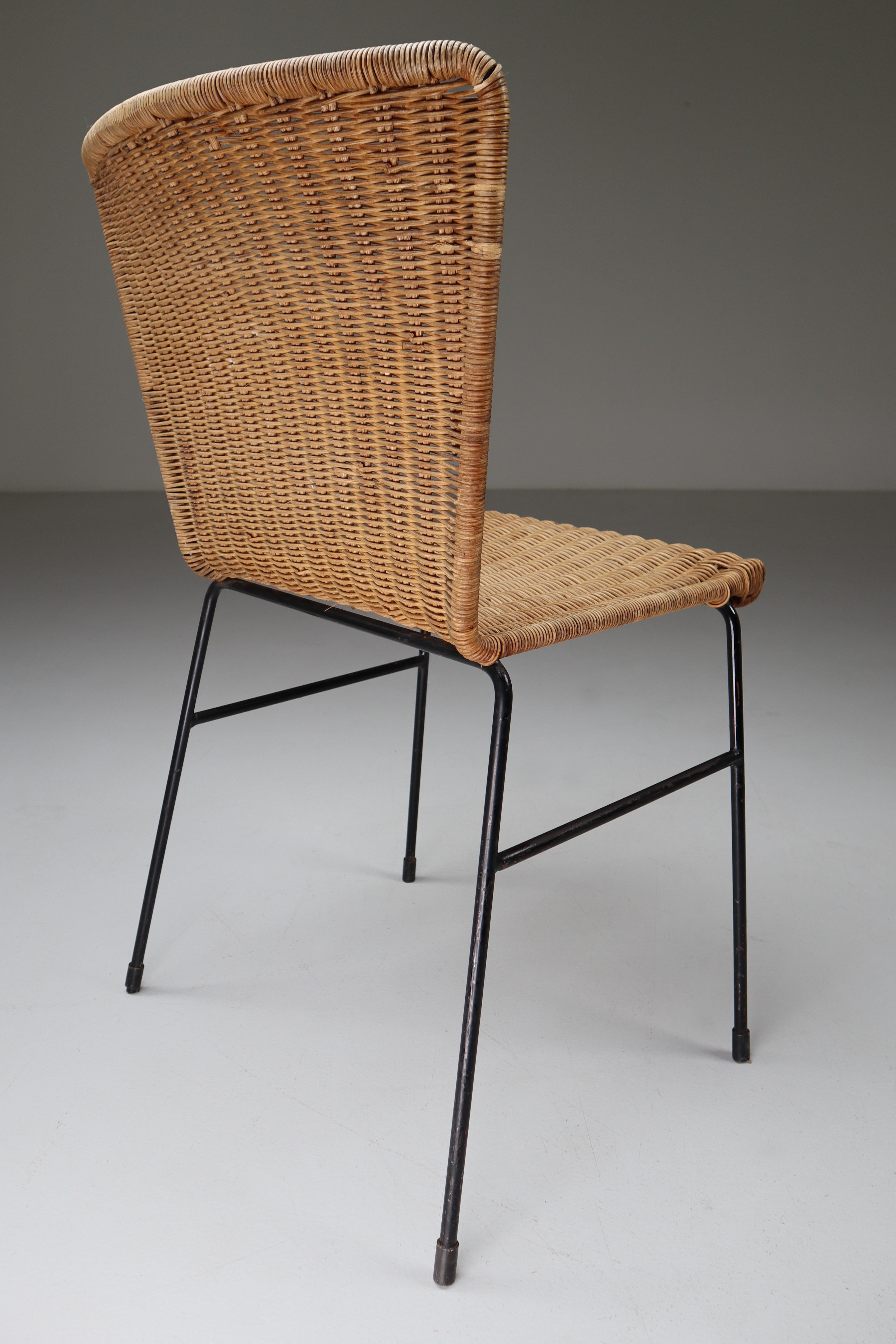 Dutch Patinated Metal Framed chairs with Woven Wicker Seat, The Netherlands, 1950