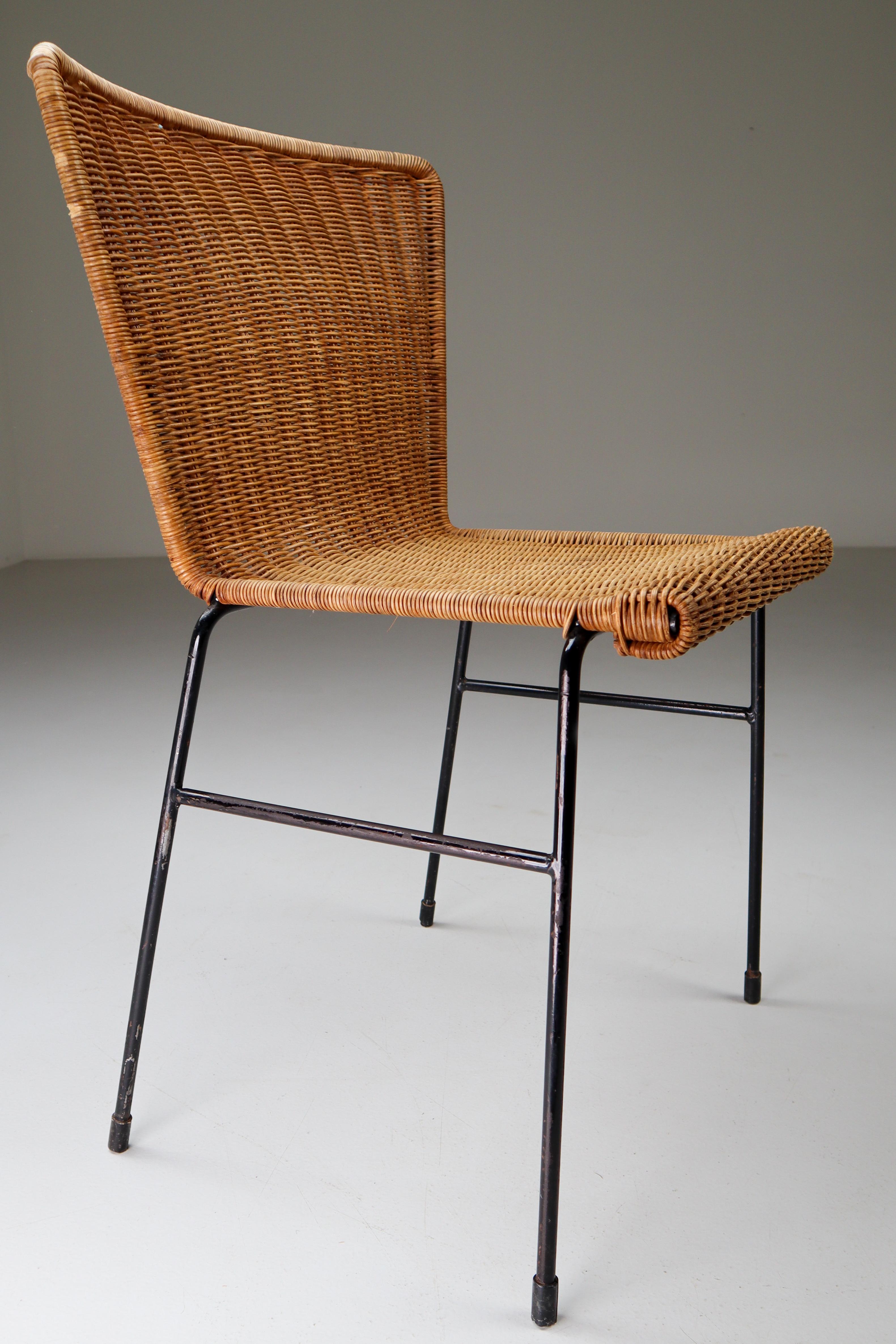 Patinated Metal Framed chairs with Woven Wicker Seat, The Netherlands, 1950 In Good Condition In Almelo, NL