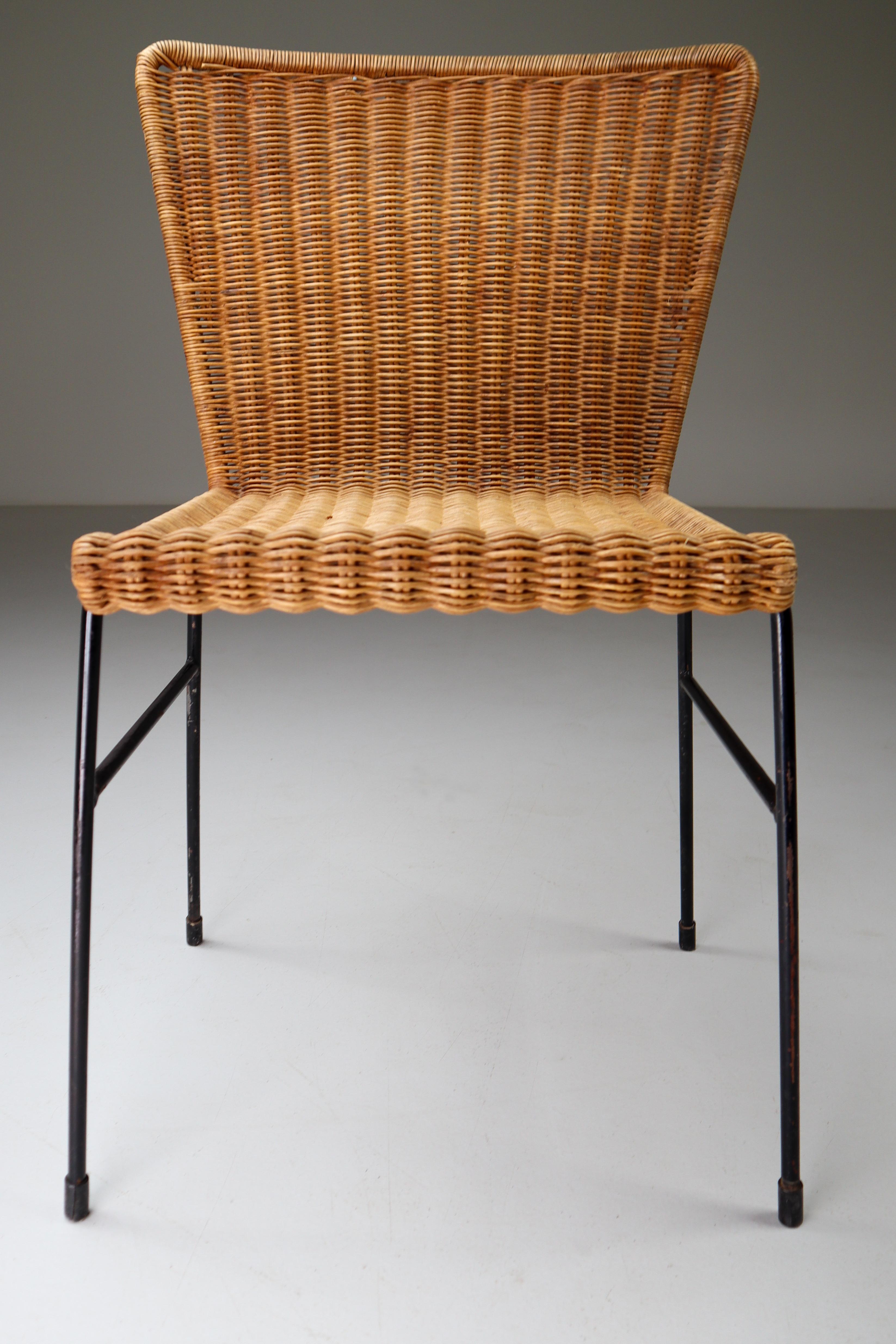 20th Century Patinated Metal Framed chairs with Woven Wicker Seat, The Netherlands, 1950