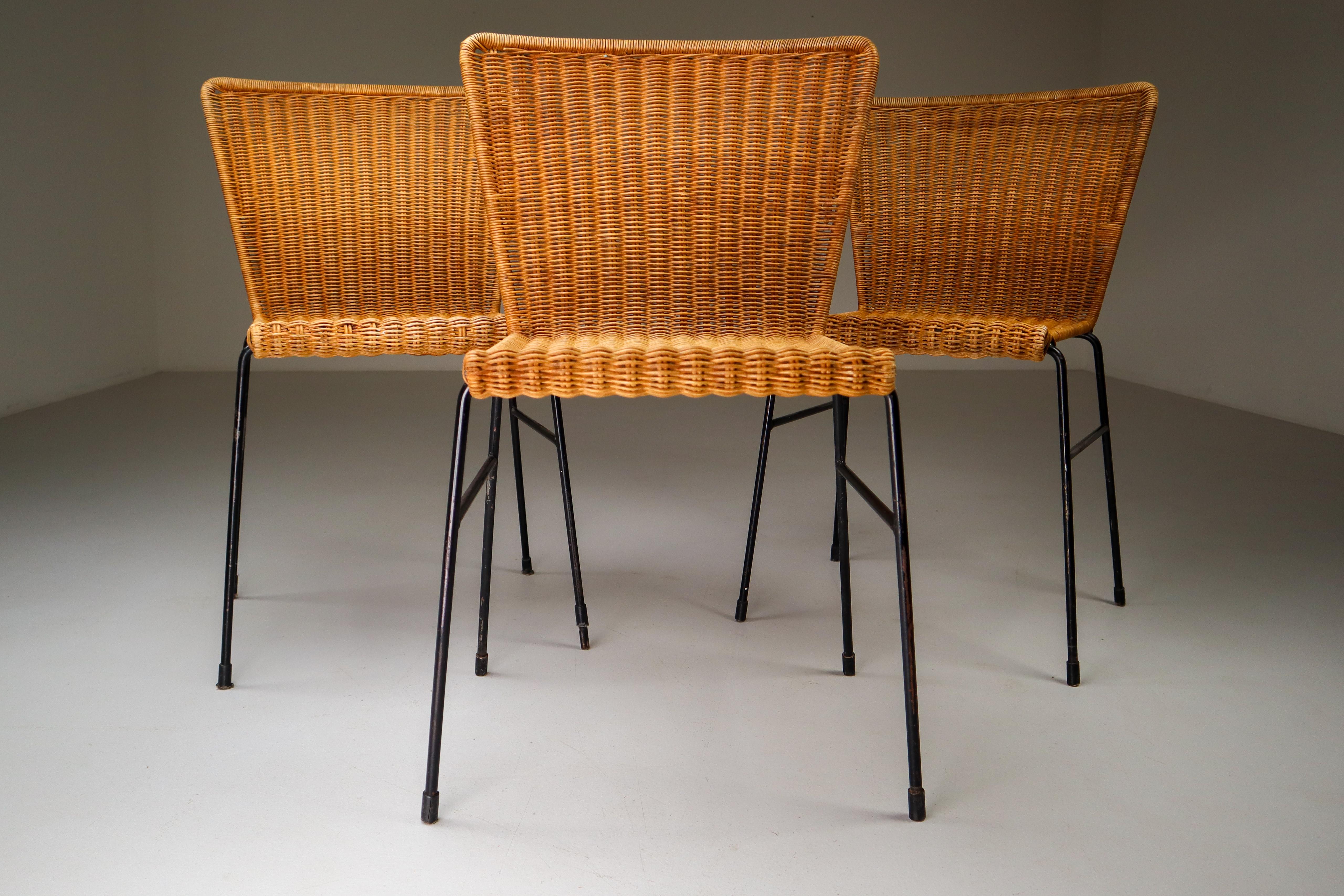 Patinated Metal Framed chairs with Woven Wicker Seat, The Netherlands, 1950 1