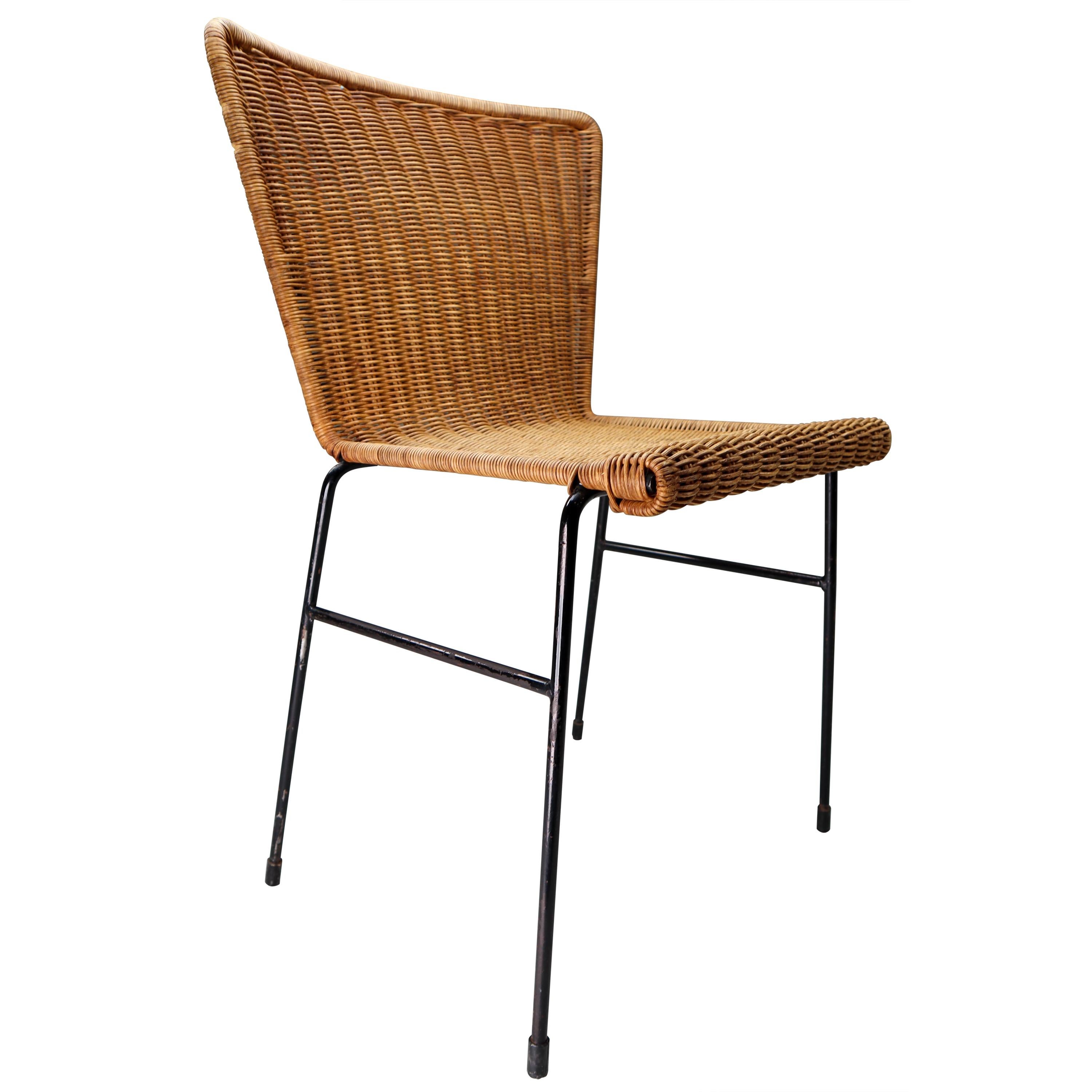 Patinated Metal Framed chairs with Woven Wicker Seat, The Netherlands, 1950