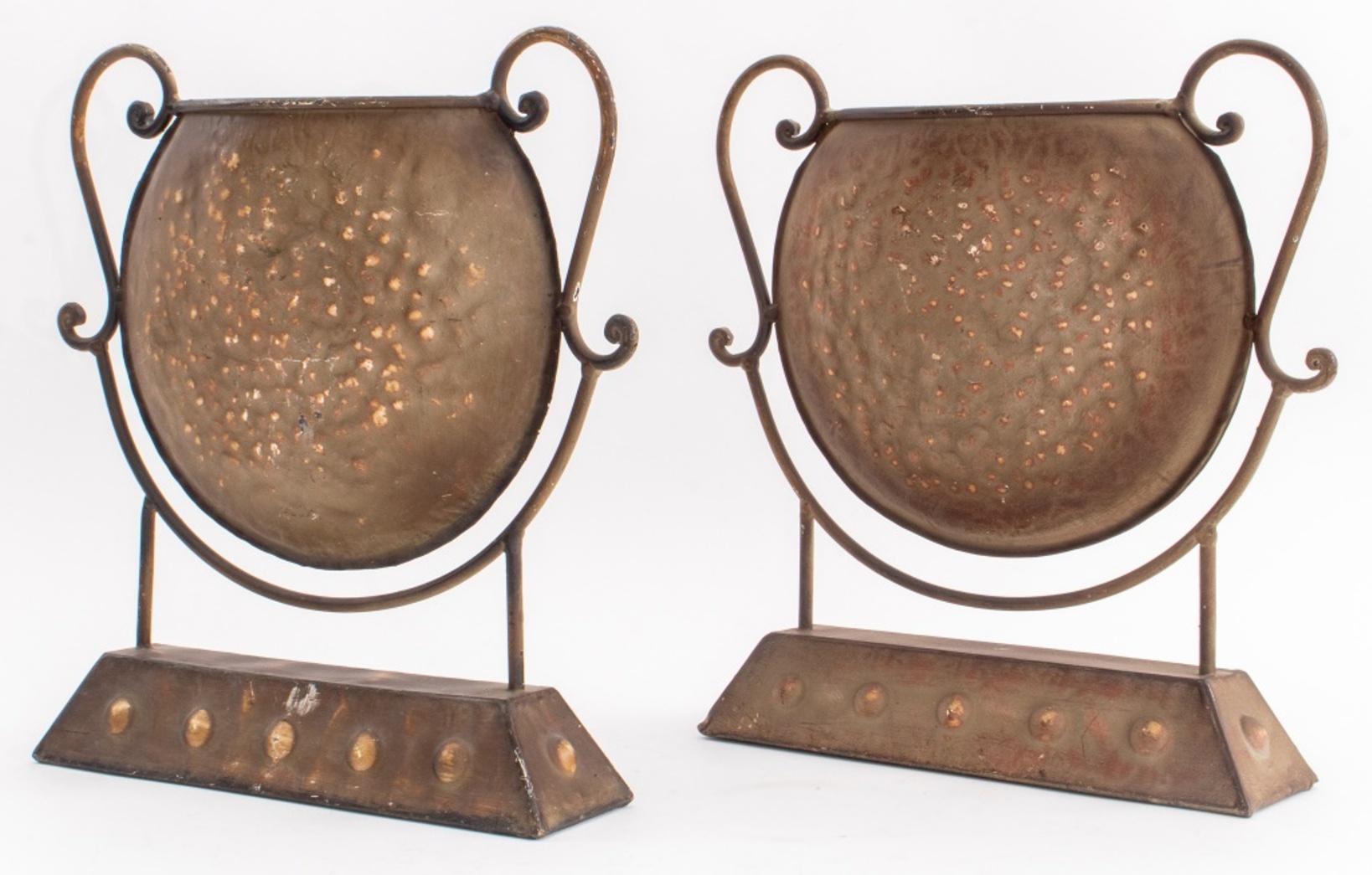 20th Century Patinated Metal Plant Vessels on Stands, Pair For Sale