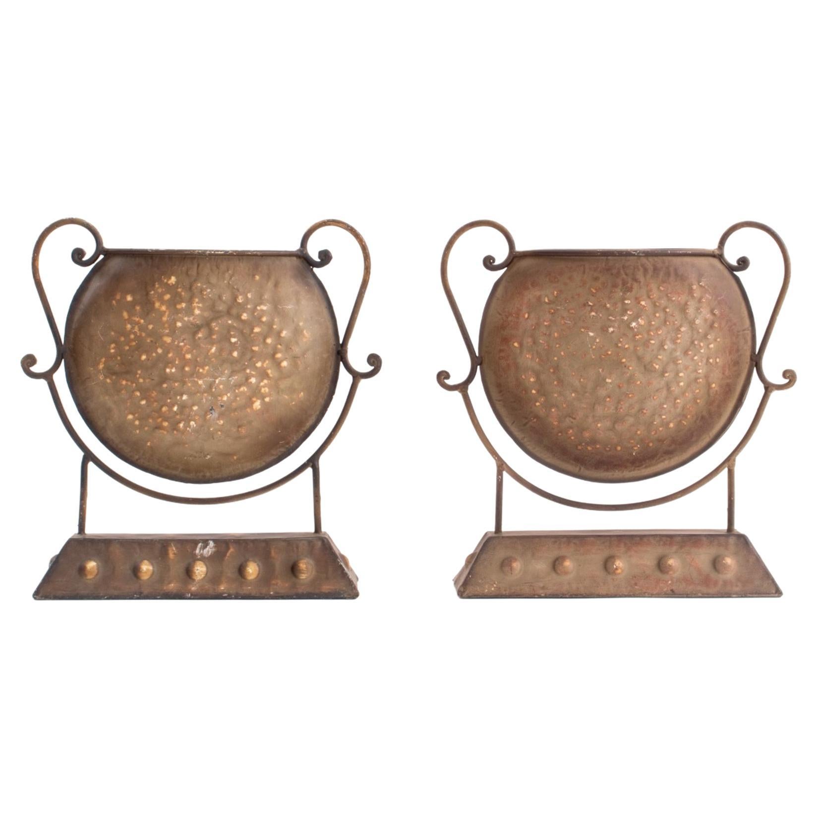 Patinated Metal Plant Vessels on Stands, Pair